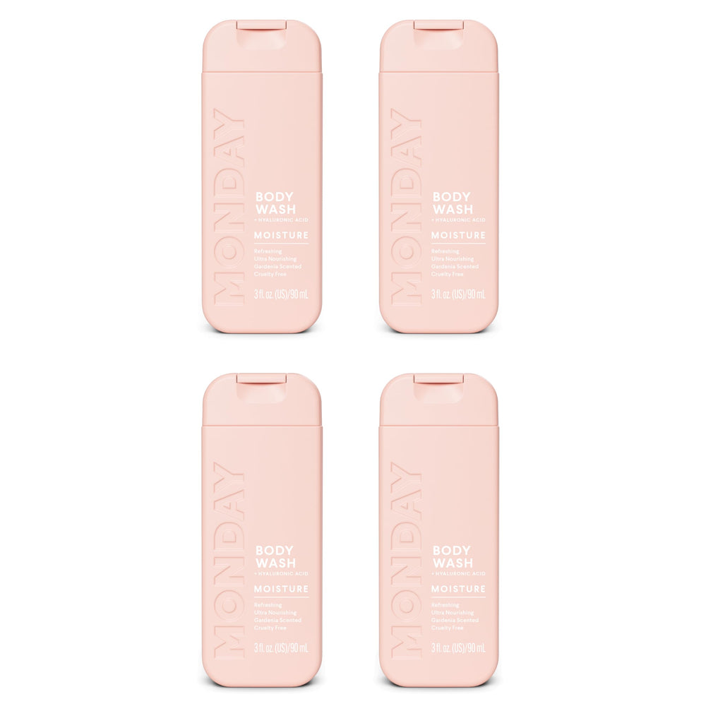 MONDAY Moisture Body Wash travel pack bottles in a compact set for daily hydration
