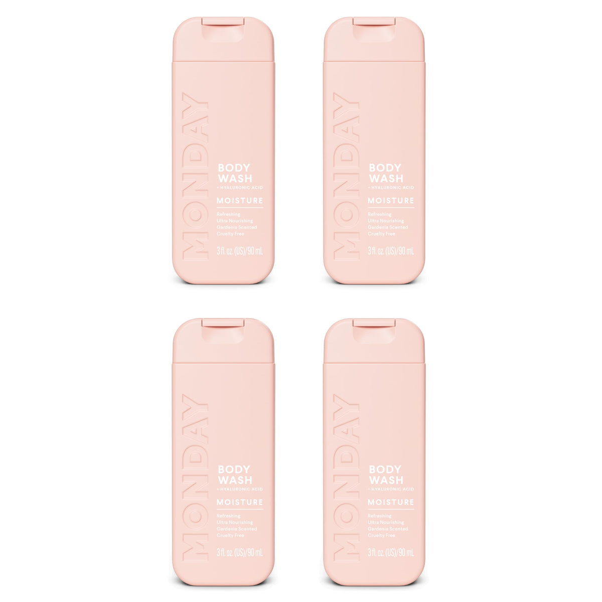 MONDAY Moisture Body Wash travel pack bottles in a compact set for daily hydration