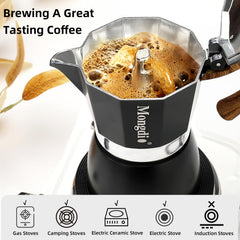 Mongdio moka pot handle close-up emphasizing easy grip and pour stability.