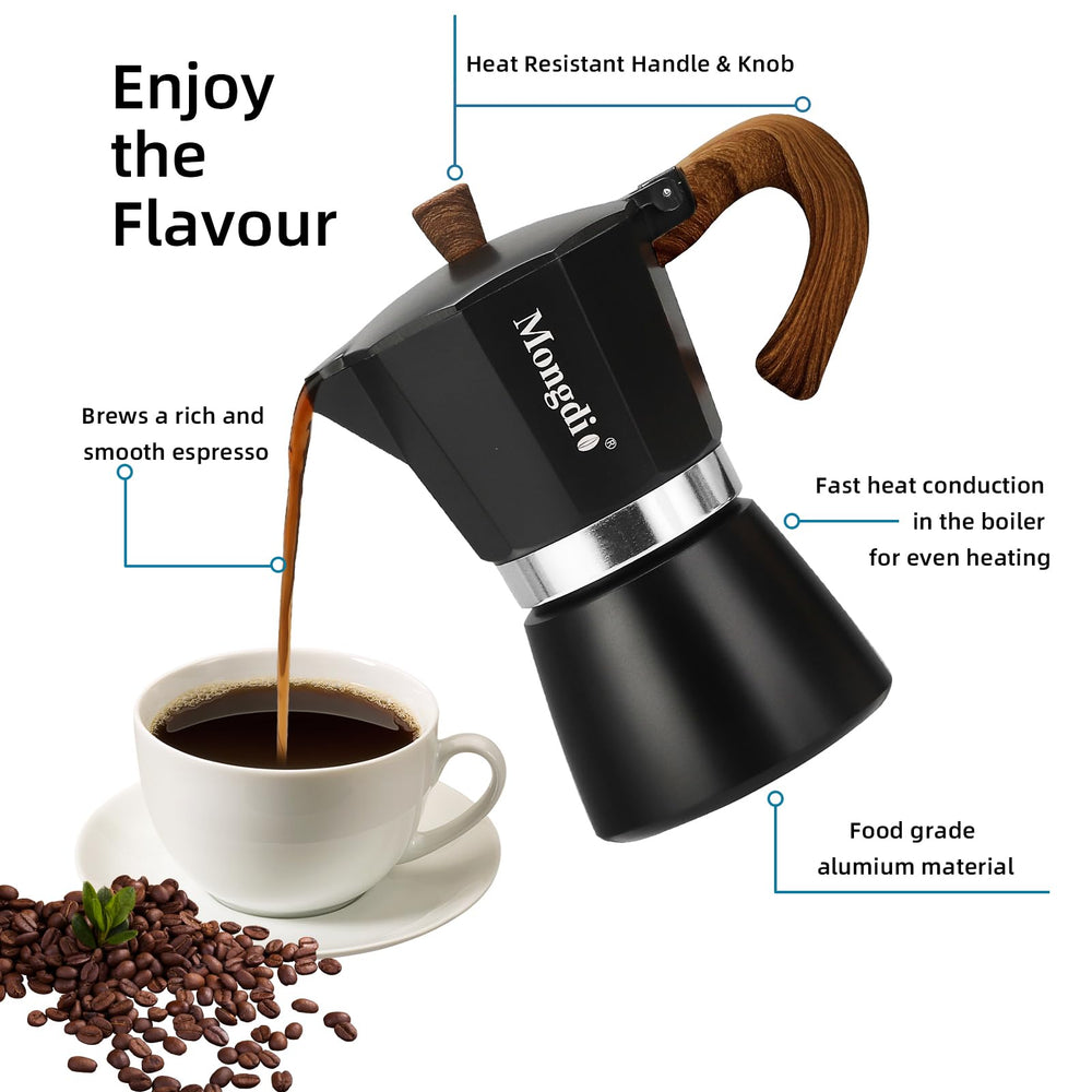 Mongdio moka pot top-down view highlighting heat-resistant handle and safety valve.