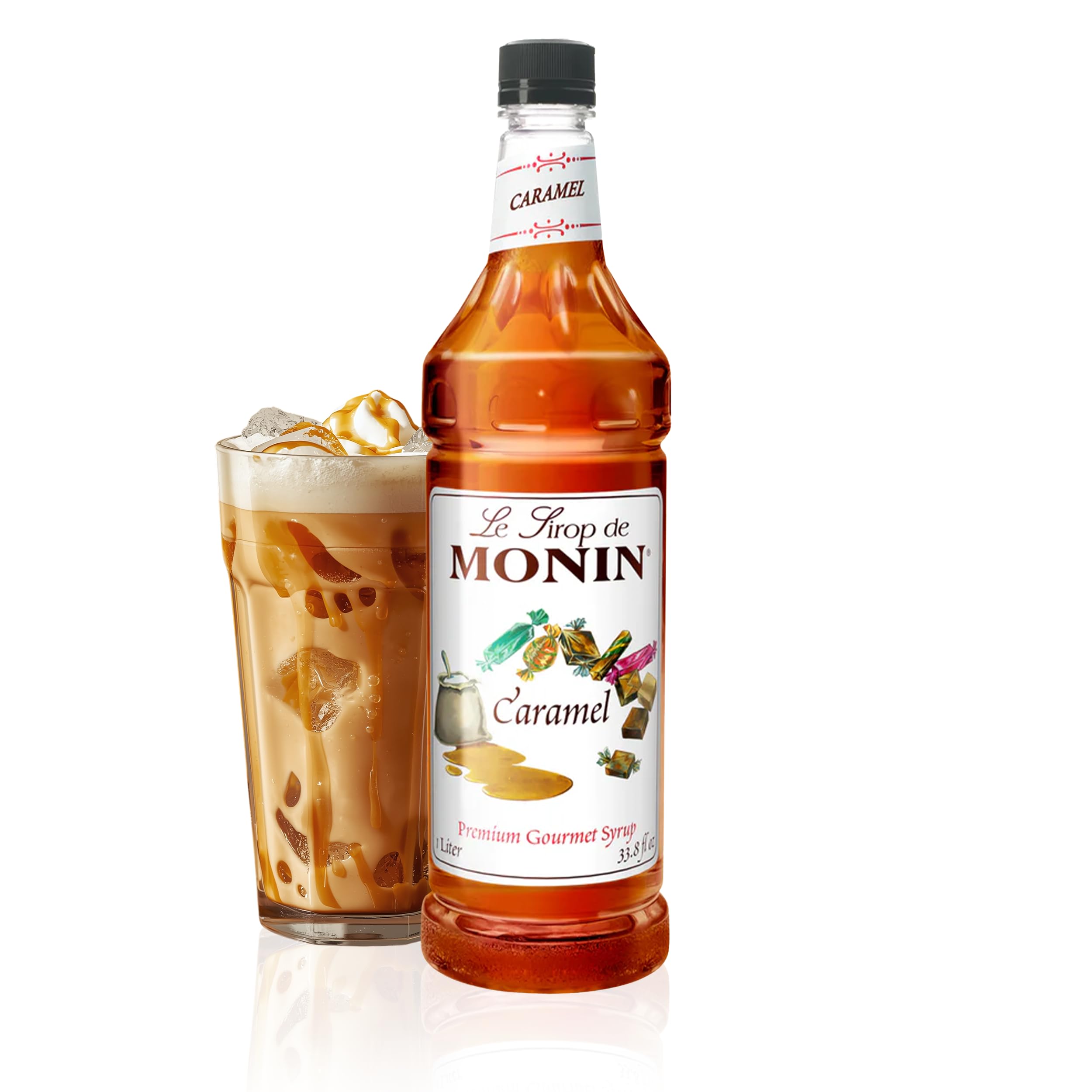 Monin Caramel Syrup bottle with rich, buttery notes for desserts.