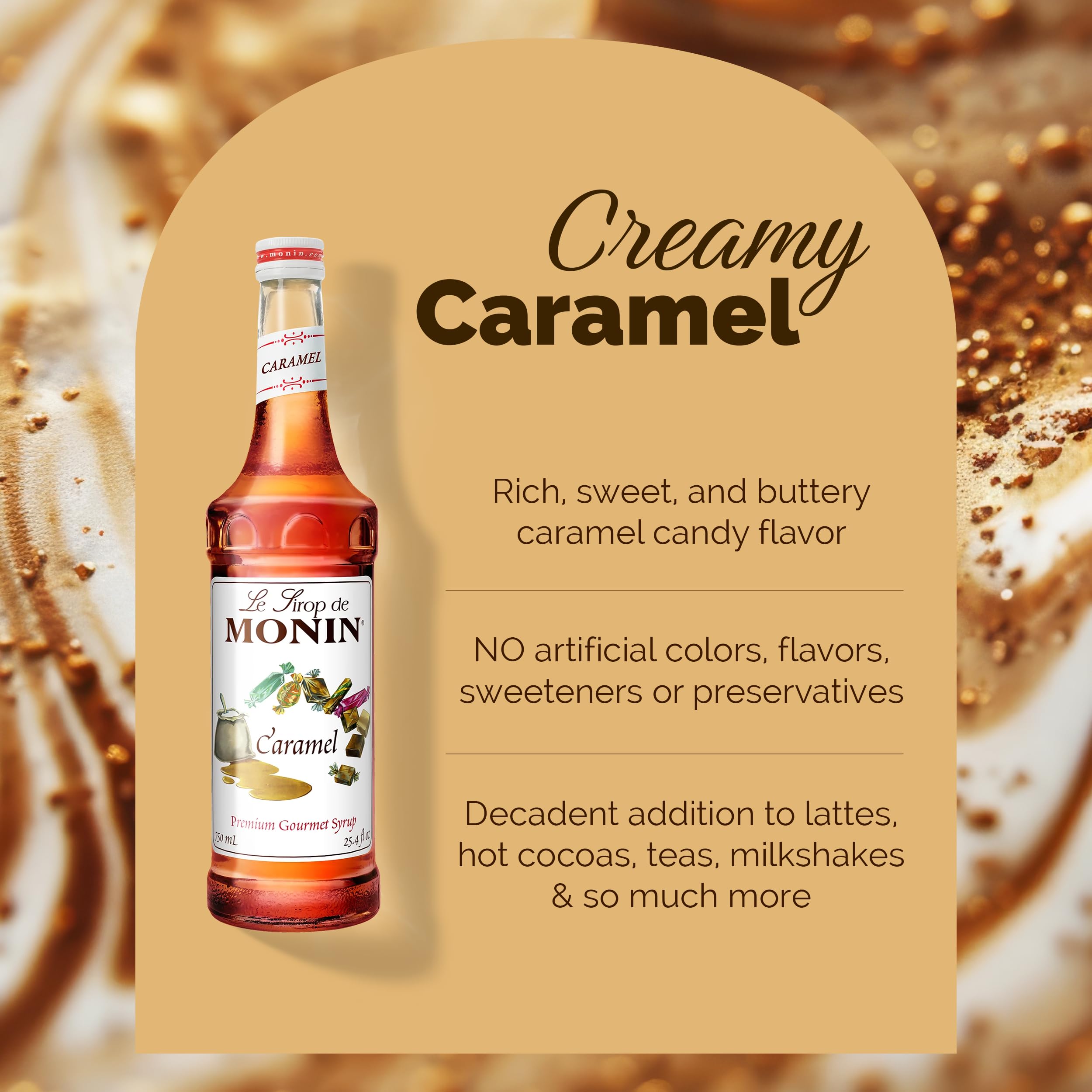 Monin Caramel Syrup beside a coffee cup for creamy beverages.