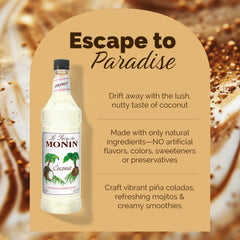 Monin Coconut Syrup bottle in coffee with coconut twist.