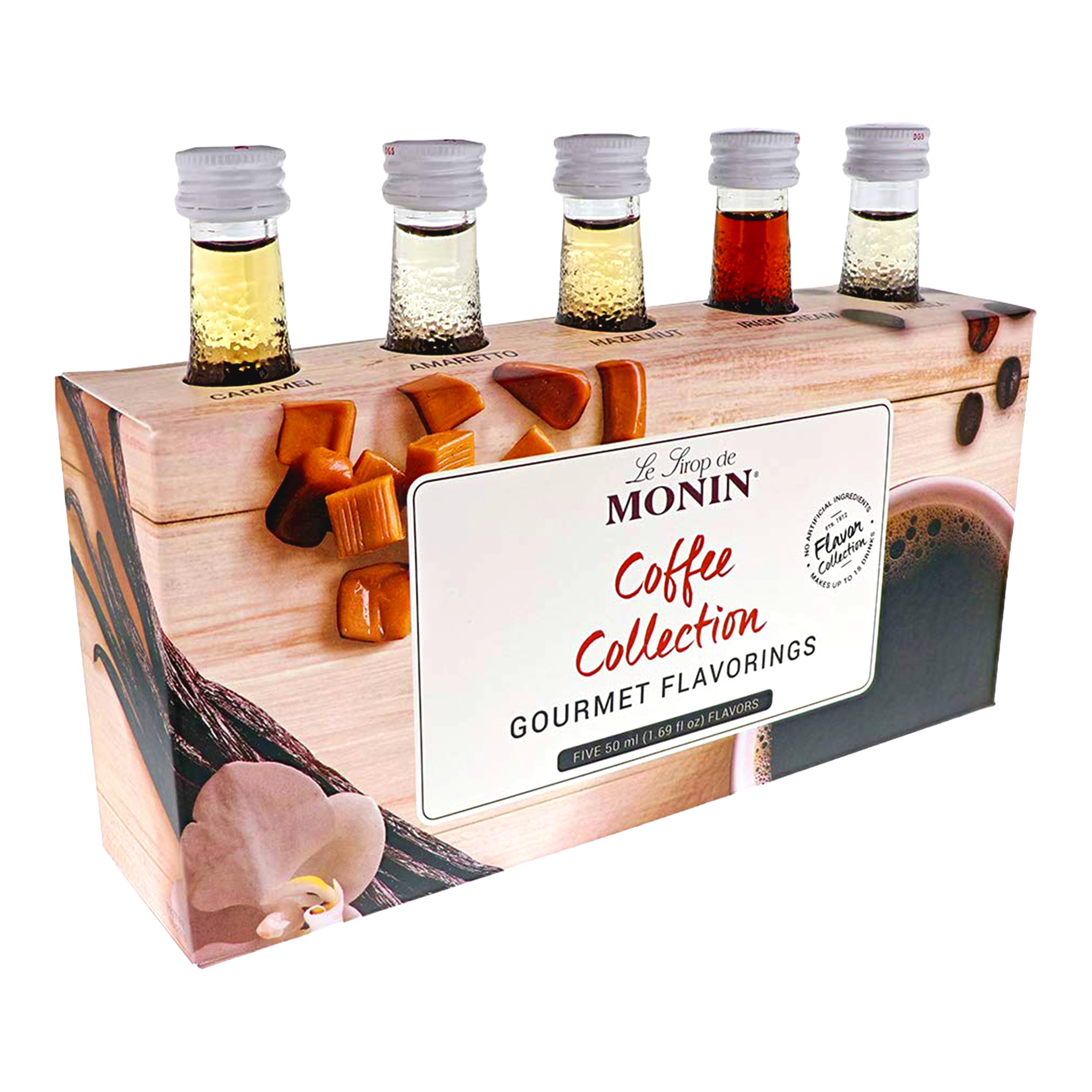 Monin caramel coffee syrup bottle pour elevating latte flavor