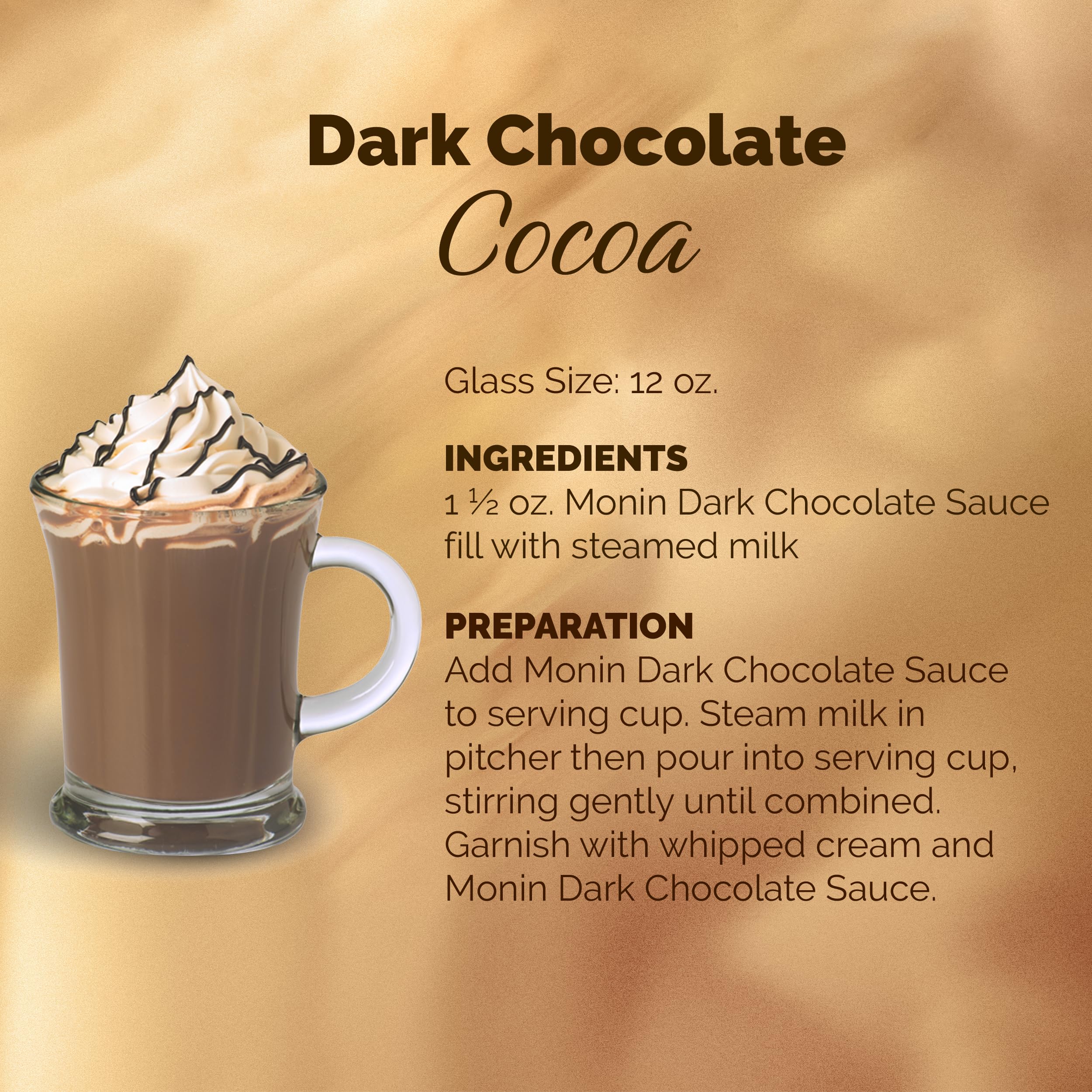 Monin Dark Chocolate Sauce bottle display highlights gluten-free and non-GMO qualities.