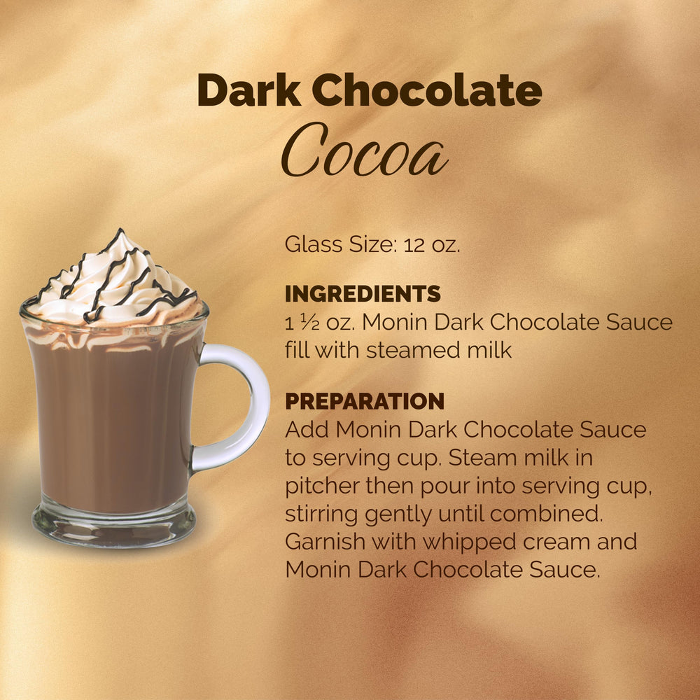 Monin Dark Chocolate Sauce bottle display highlights gluten-free and non-GMO qualities.