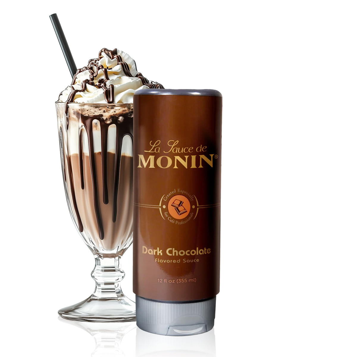 Monin Dark Chocolate Sauce jar close-up showing rich texture, ideal for dessert toppings.
