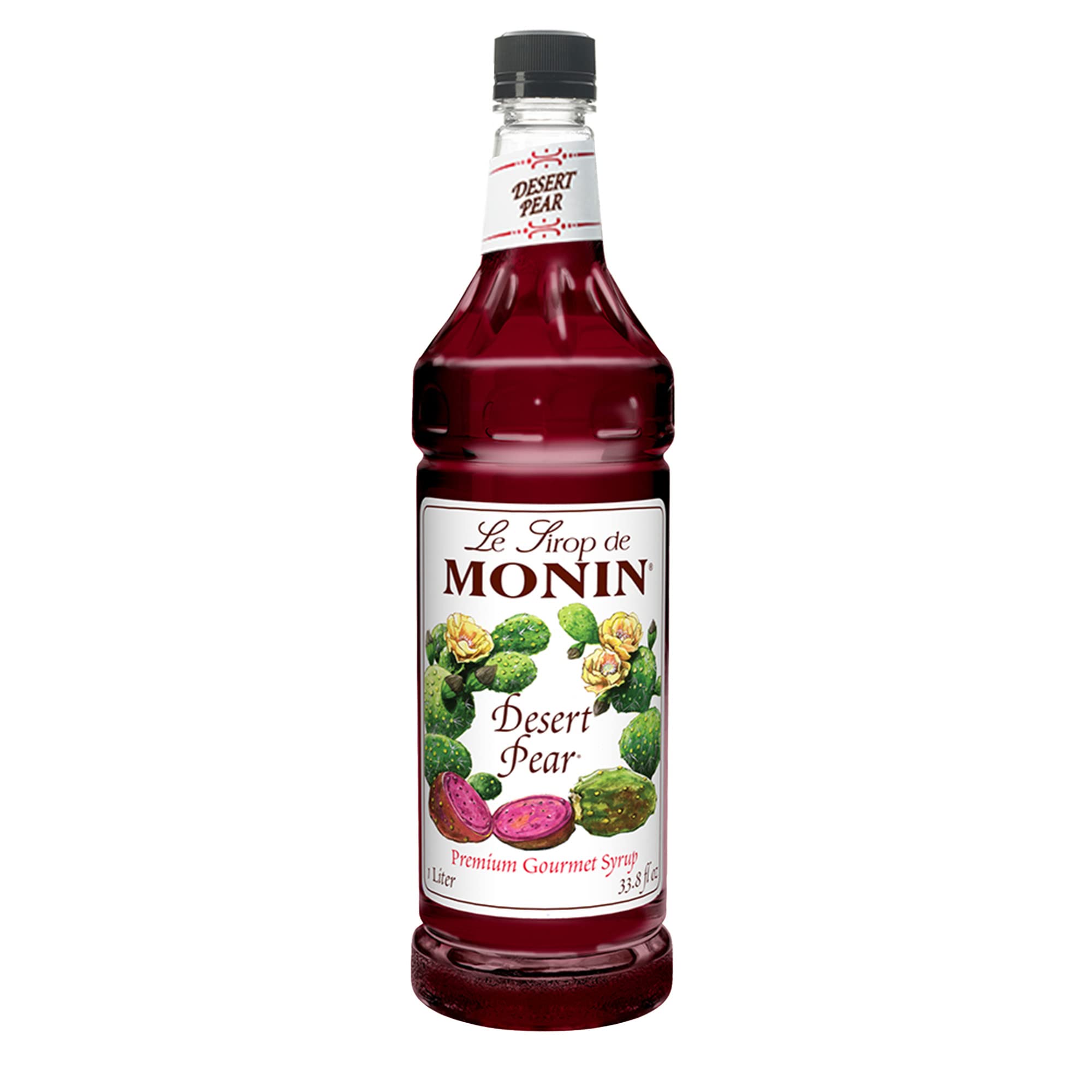 Monin Desert Pear Syrup bottle elevates drinks with a bold fuchsia hue.