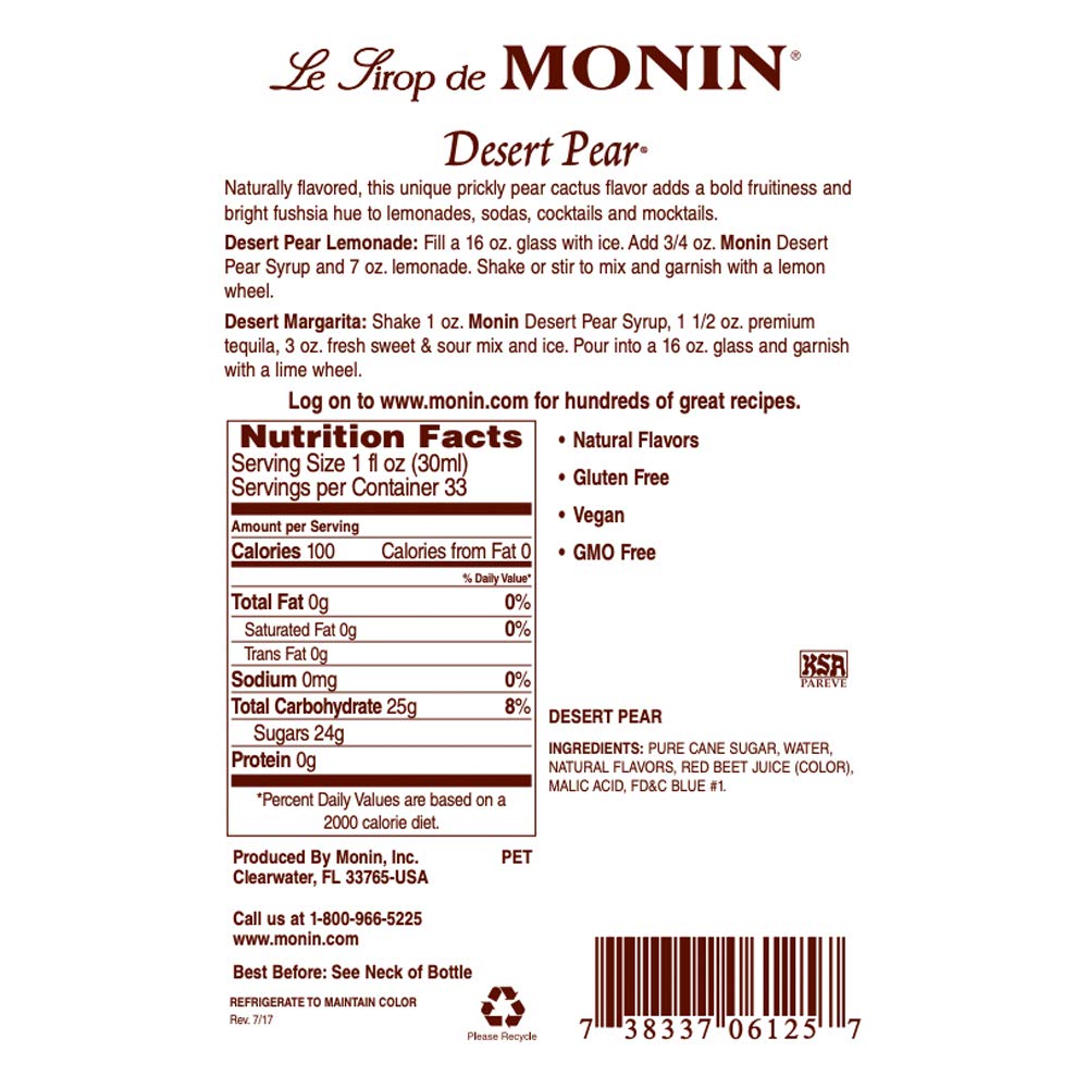 Monin Desert Pear Syrup pour adds pear and cactus notes to beverages.