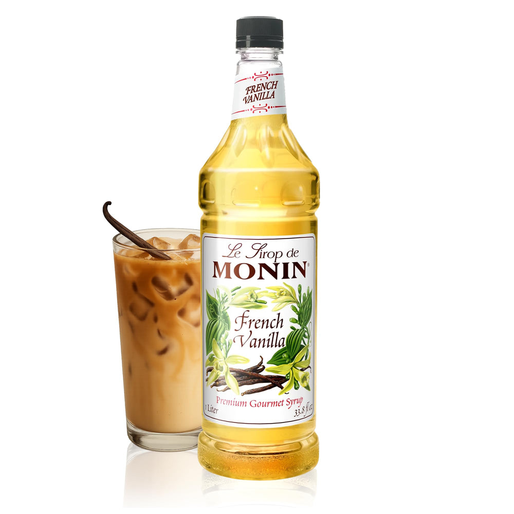 Monin French Vanilla Syrup bottle showing premium Madagascar vanilla in a boxed bottle for coffees and cocktails.