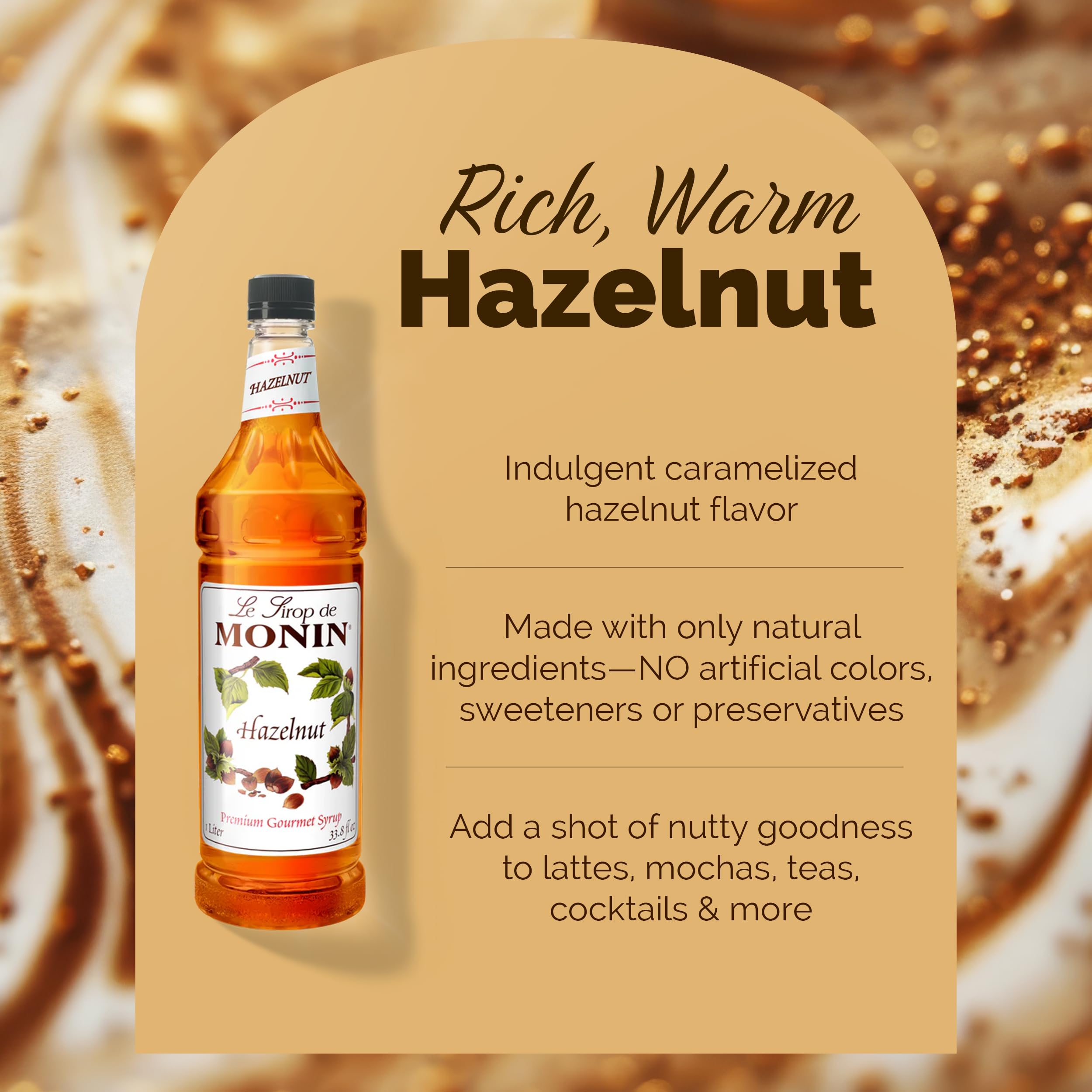 Close-up of Monin Hazelnut Syrup highlighting hazelnut texture and notes