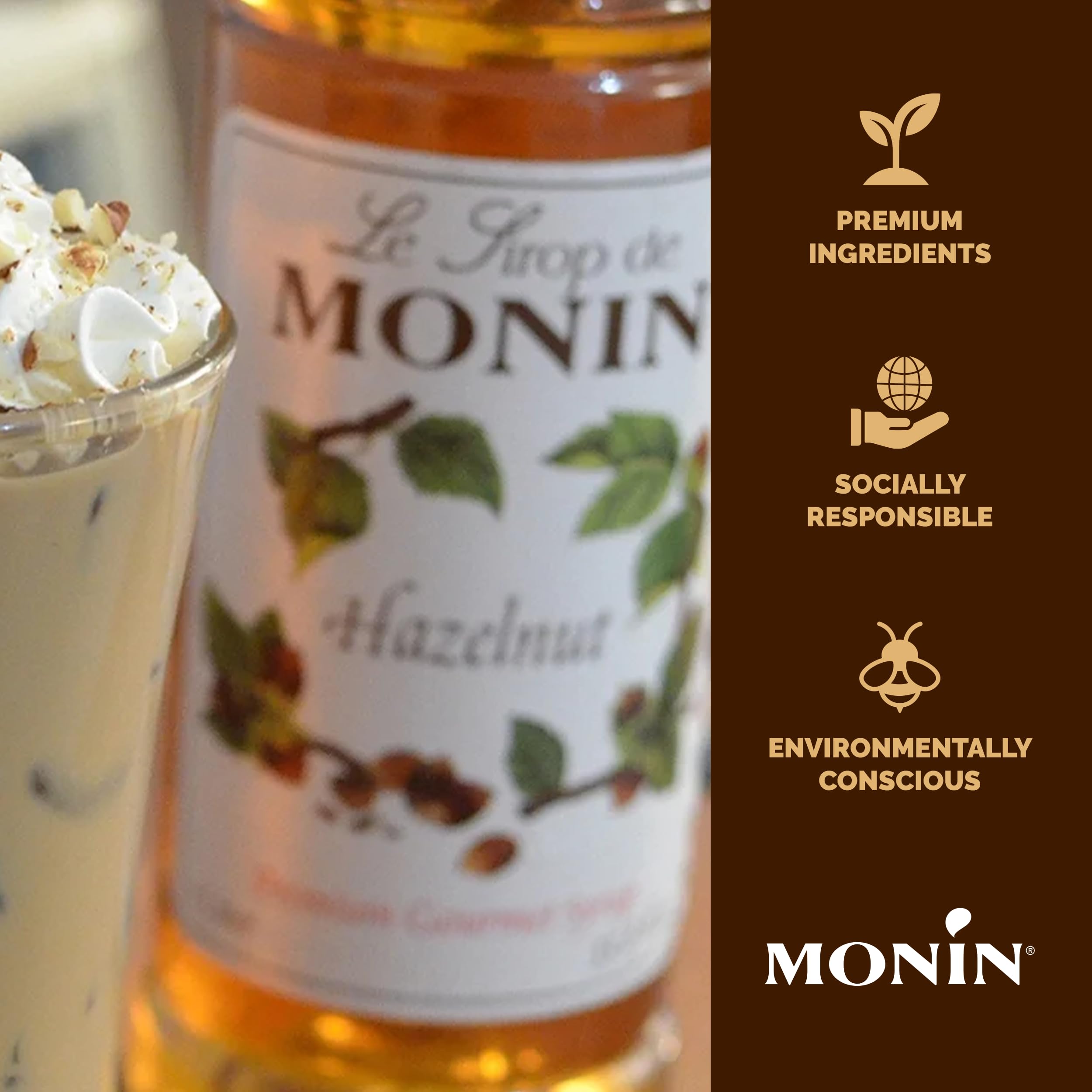 Monin Hazelnut Syrup in a mocha latte glass showing depth of flavor