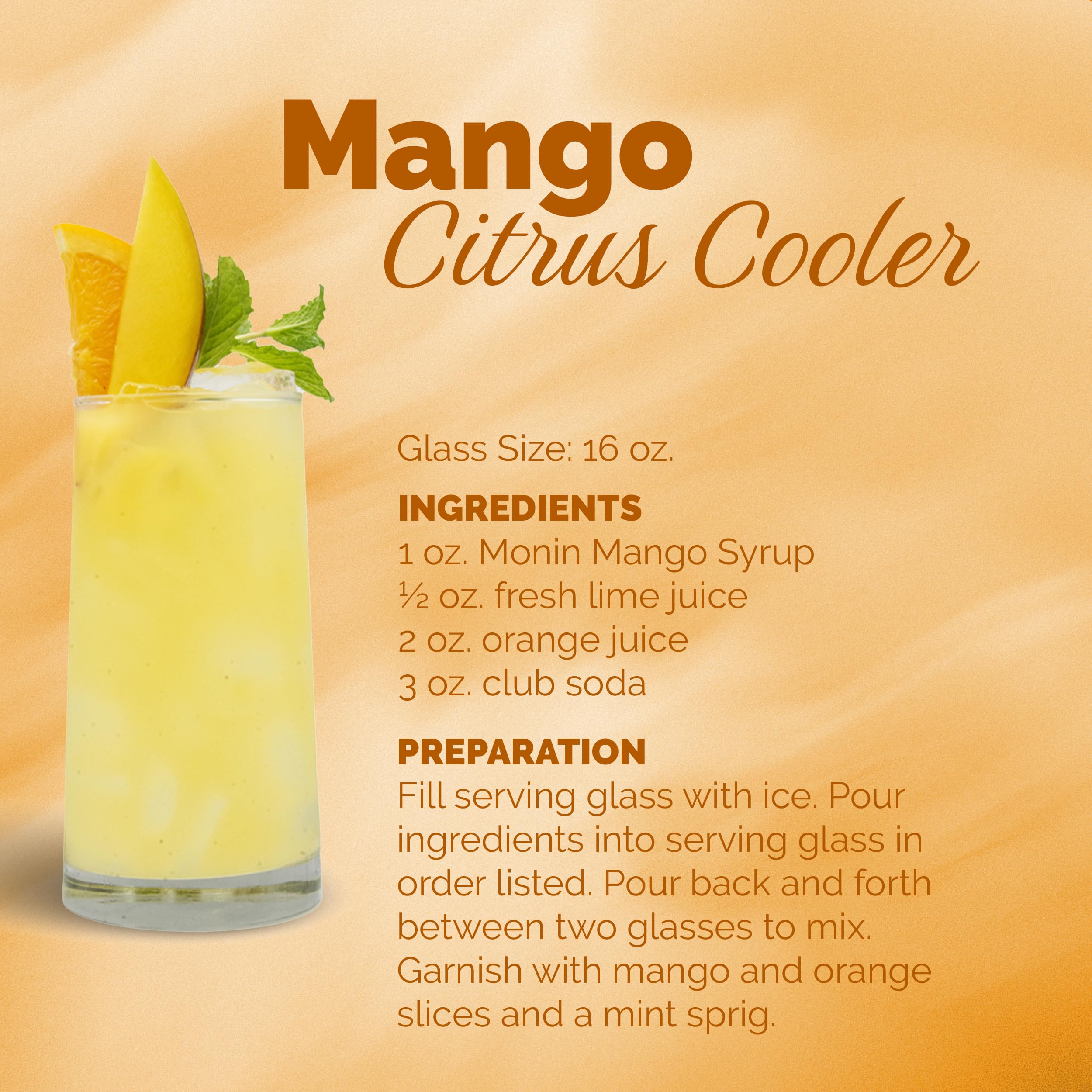 Monin Mango Syrup bottle in recycling box highlighting eco-friendly packaging