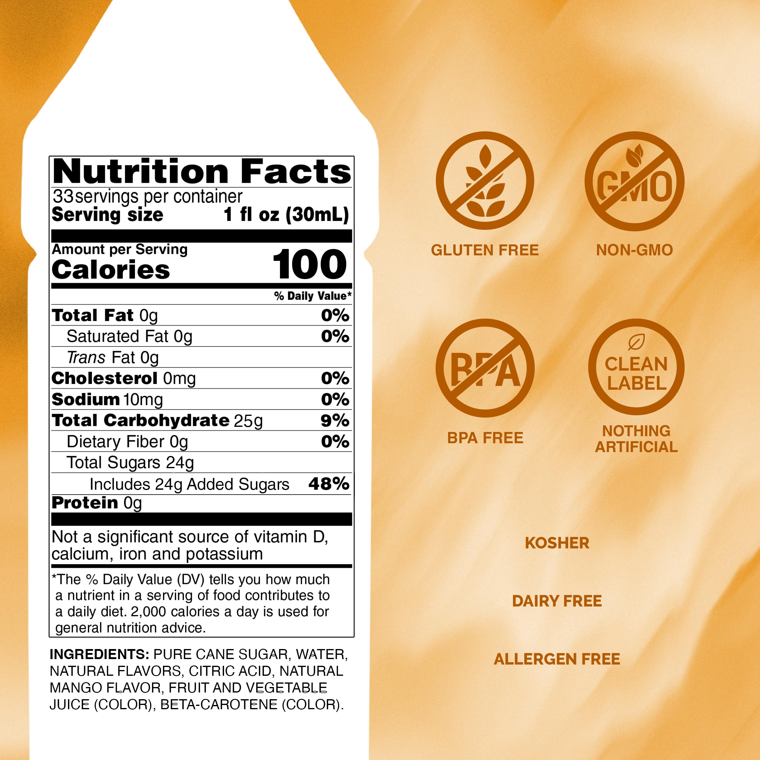 Monin Mango Syrup bottle side angle showcasing clean label