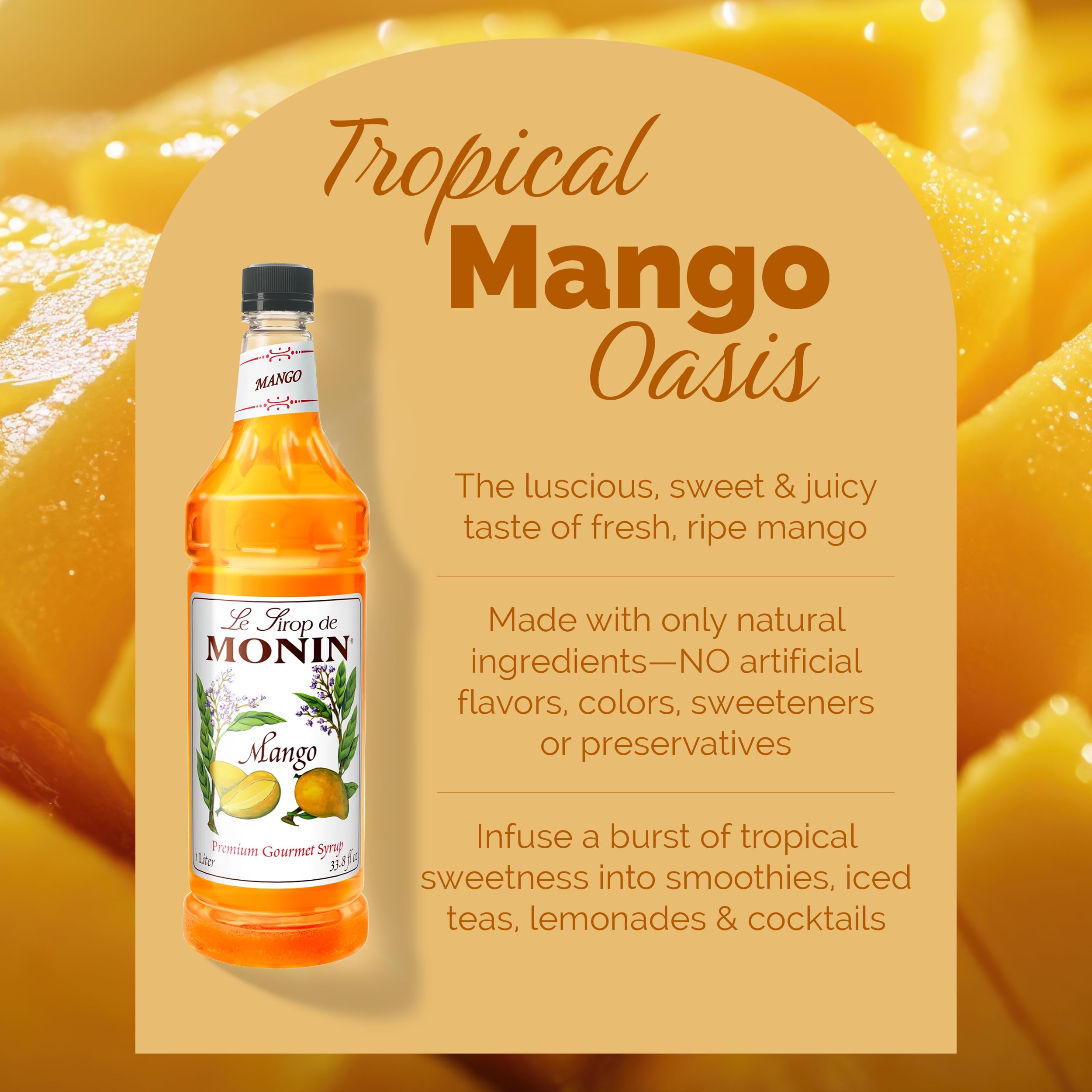 Pour action of Monin Mango Syrup highlighting smooth flavor integration