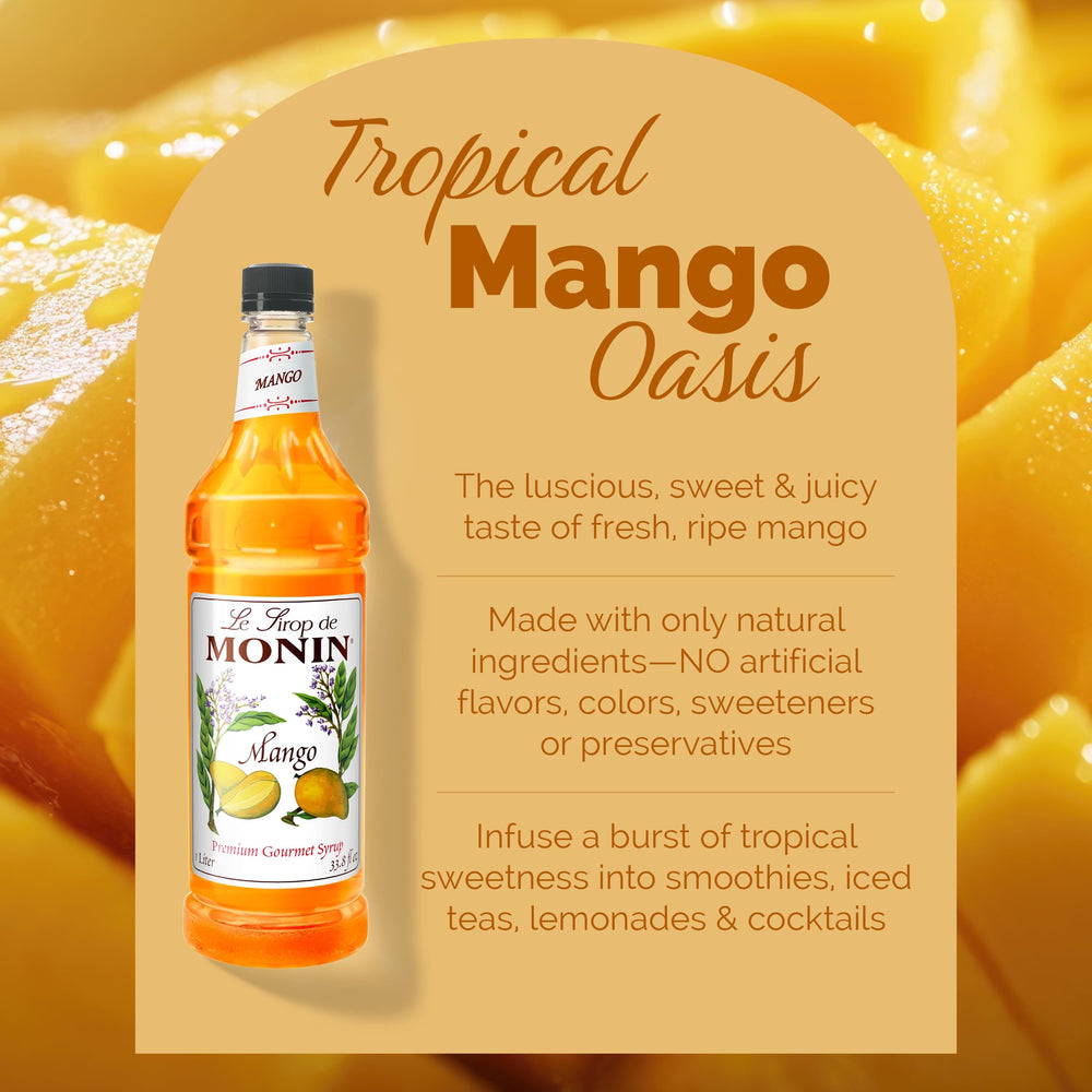 Pour action of Monin Mango Syrup highlighting smooth flavor integration