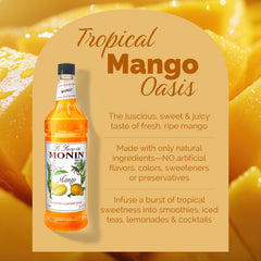 Pour action of Monin Mango Syrup highlighting smooth flavor integration