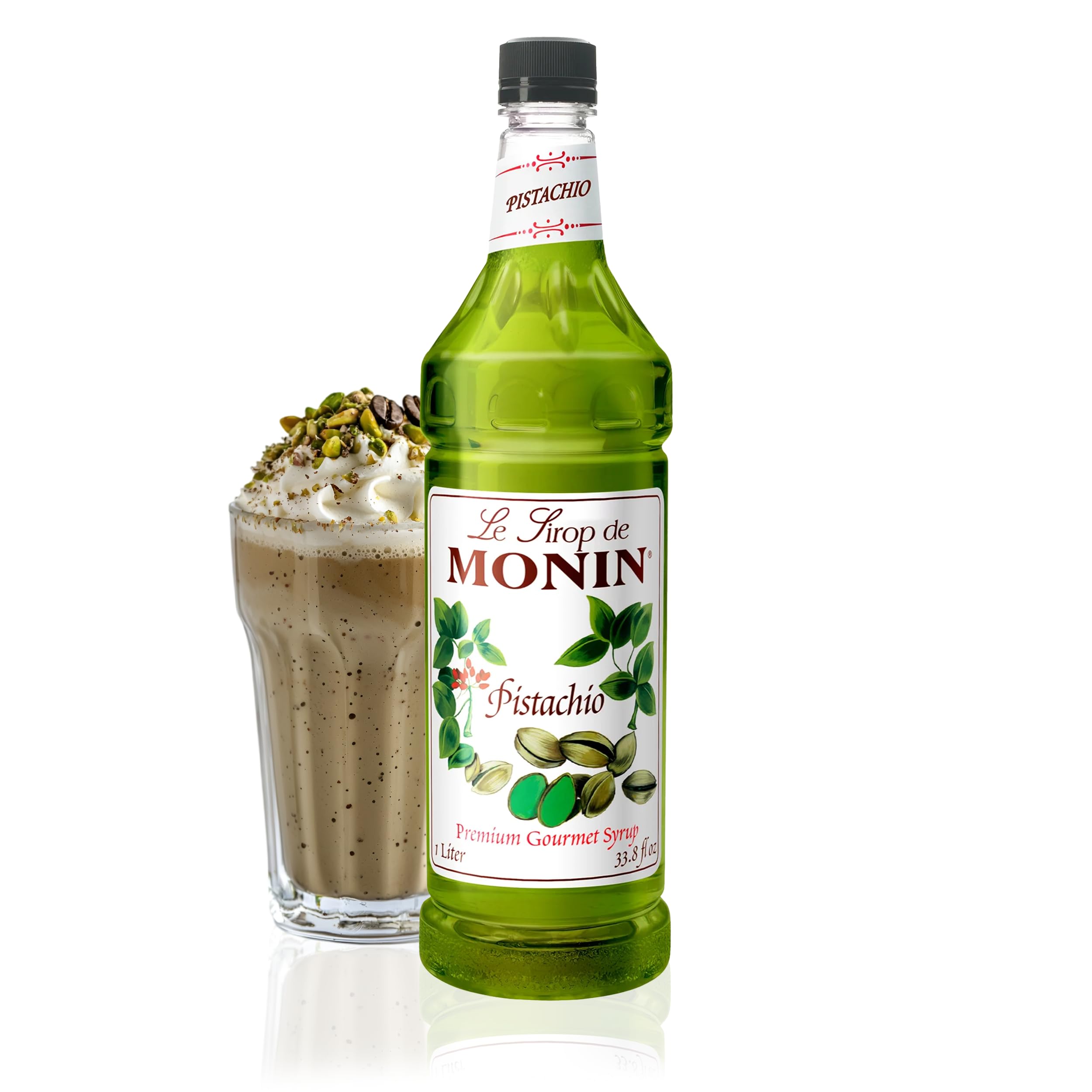Monin Pistachio Syrup bottle on kitchen counter for rich lattes