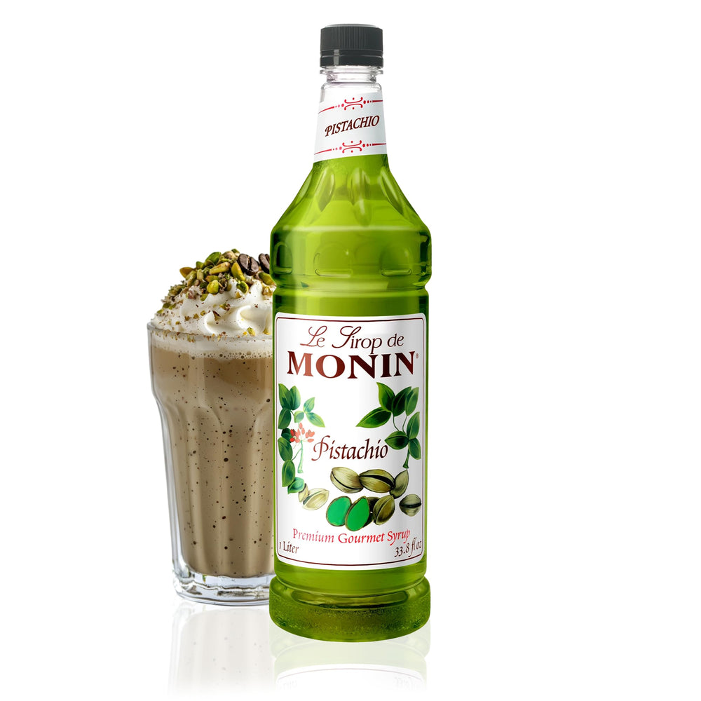 Monin Pistachio Syrup bottle on kitchen counter for rich lattes