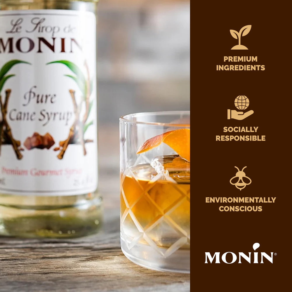Monin Pure Cane Syrup label highlighting allergen-free and non-GMO features