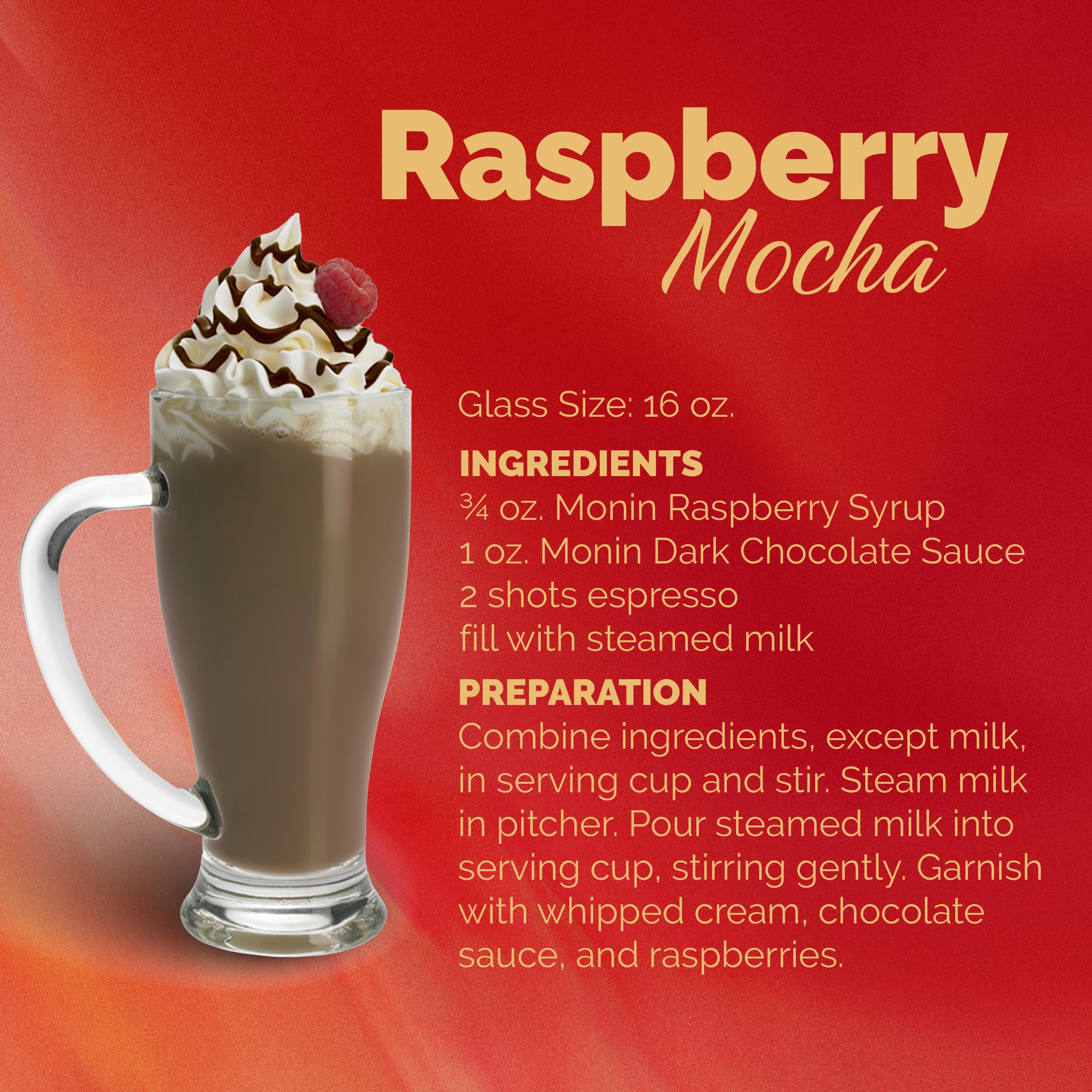 Monin Raspberry Syrup packaging, BPA-free bottle and recyclable packaging