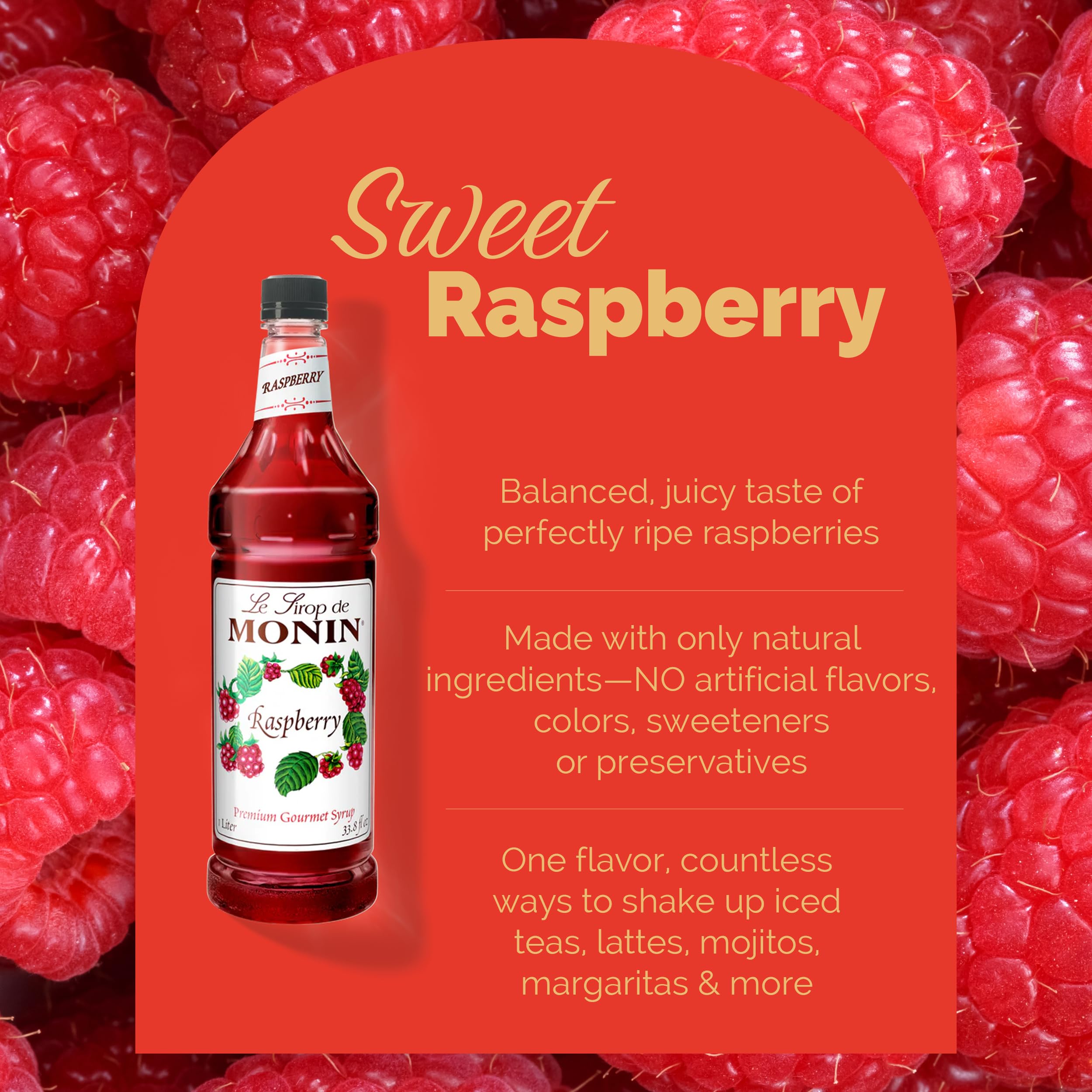 Monin Raspberry Syrup bottle with label, great for mocktails