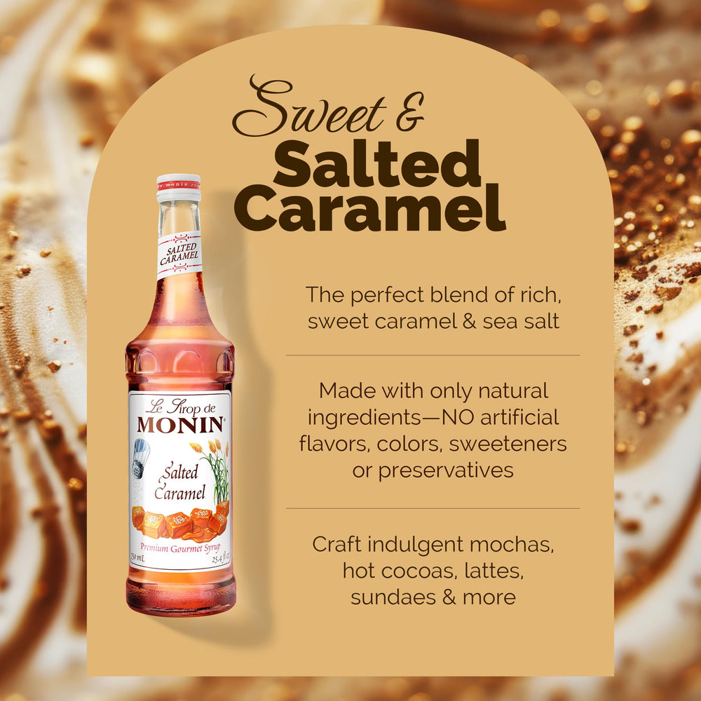 Close-up of Monin label highlighting allergen-free and non-GMO attributes.