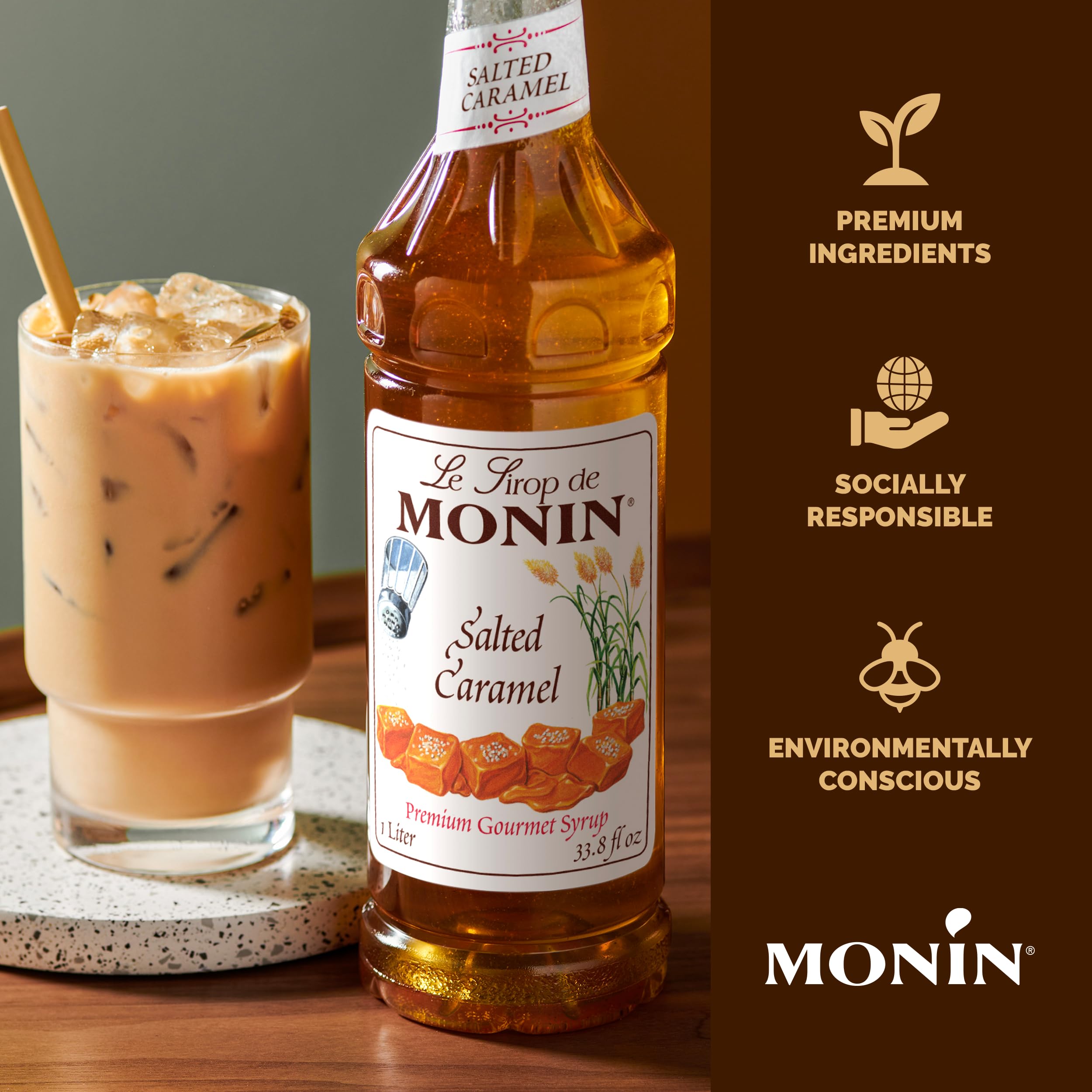 Eco-friendly packaging image for Monin syrup recycling initiative.