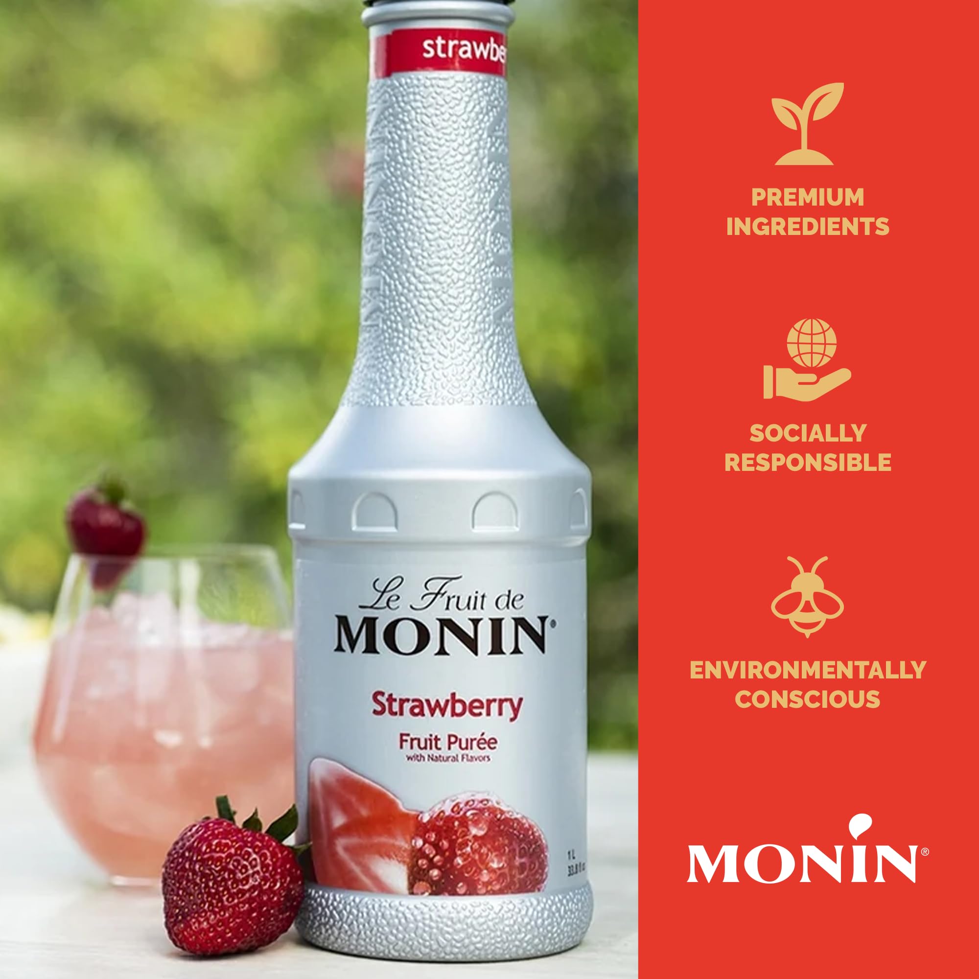 Monin Strawberry Purée label highlighting real fruit and allergen-free status