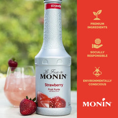 Monin Strawberry Purée label highlighting real fruit and allergen-free status