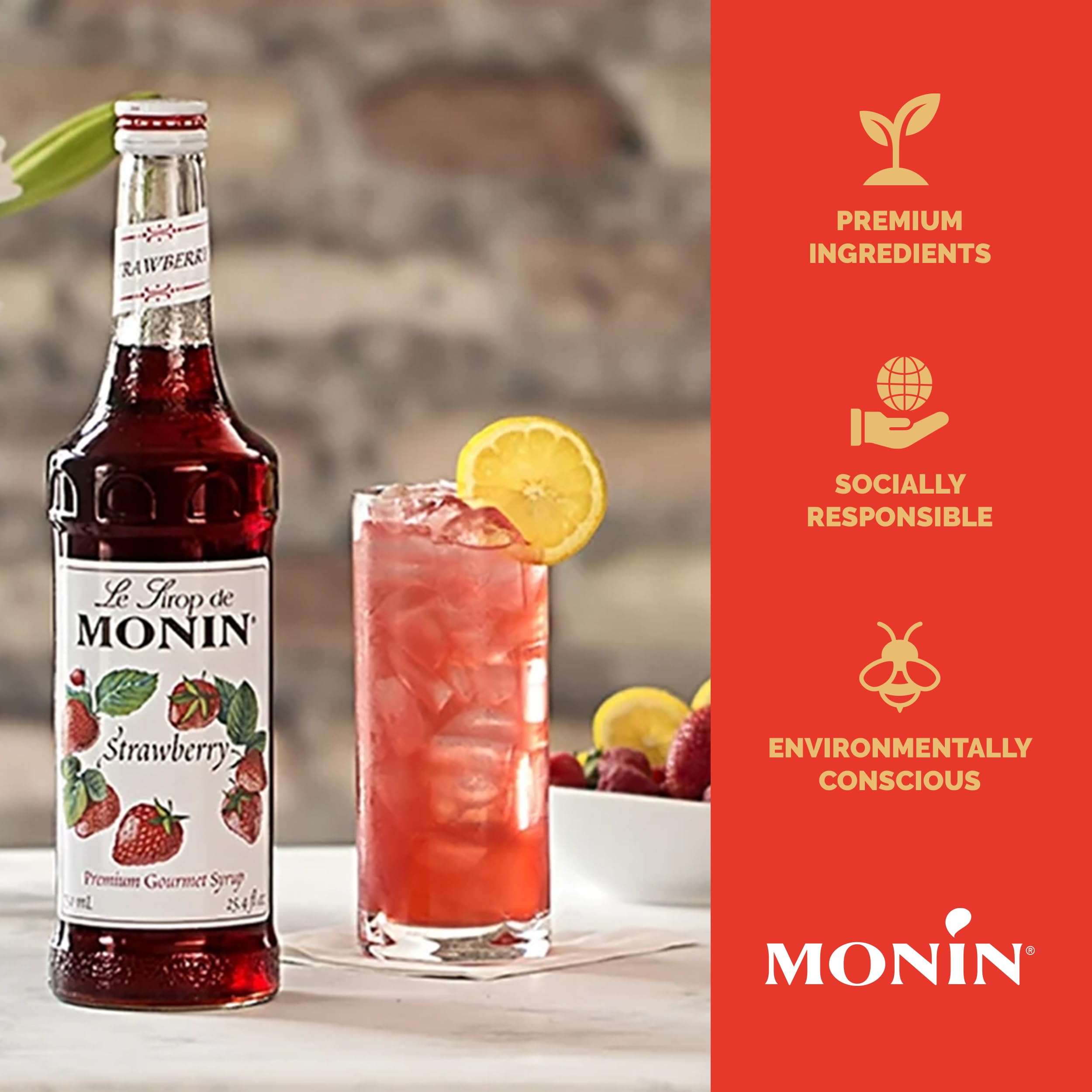 Monin Strawberry Syrup drizzle on a dessert to enhance flavor and color