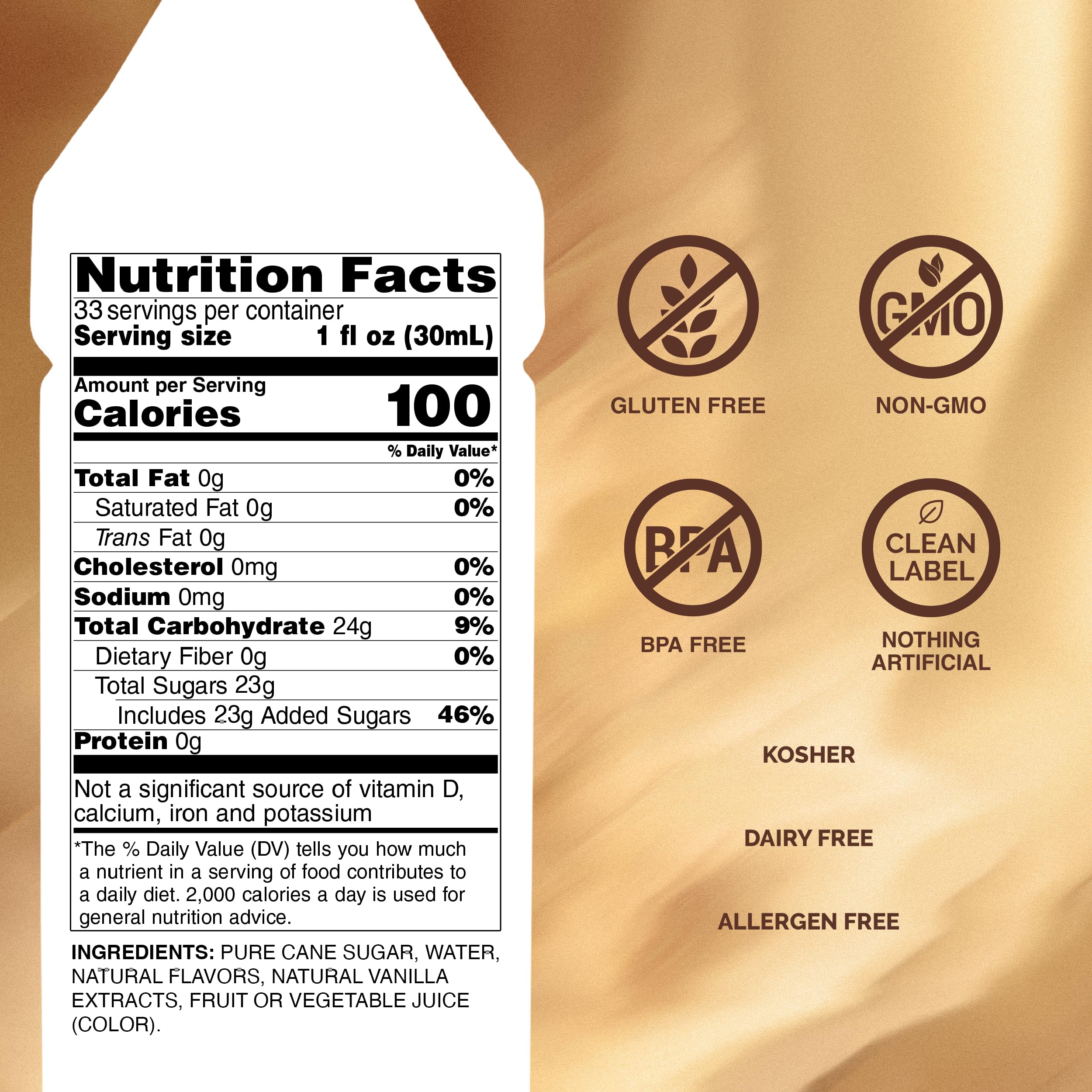 Monin Vanilla Syrup bottle label close-up shows clean-label ingredients