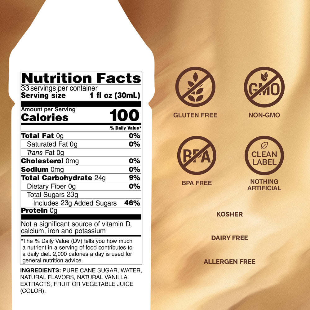 Monin Vanilla Syrup bottle label close-up shows clean-label ingredients