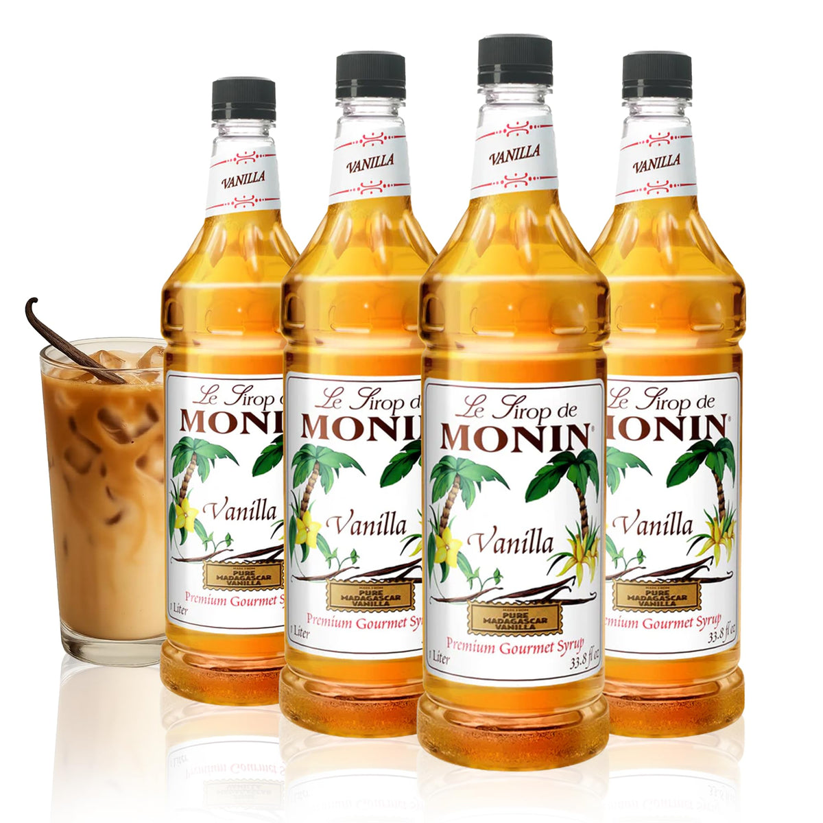 Monin Vanilla Syrup bottle pour highlights Madagascar vanilla flavor for coffee