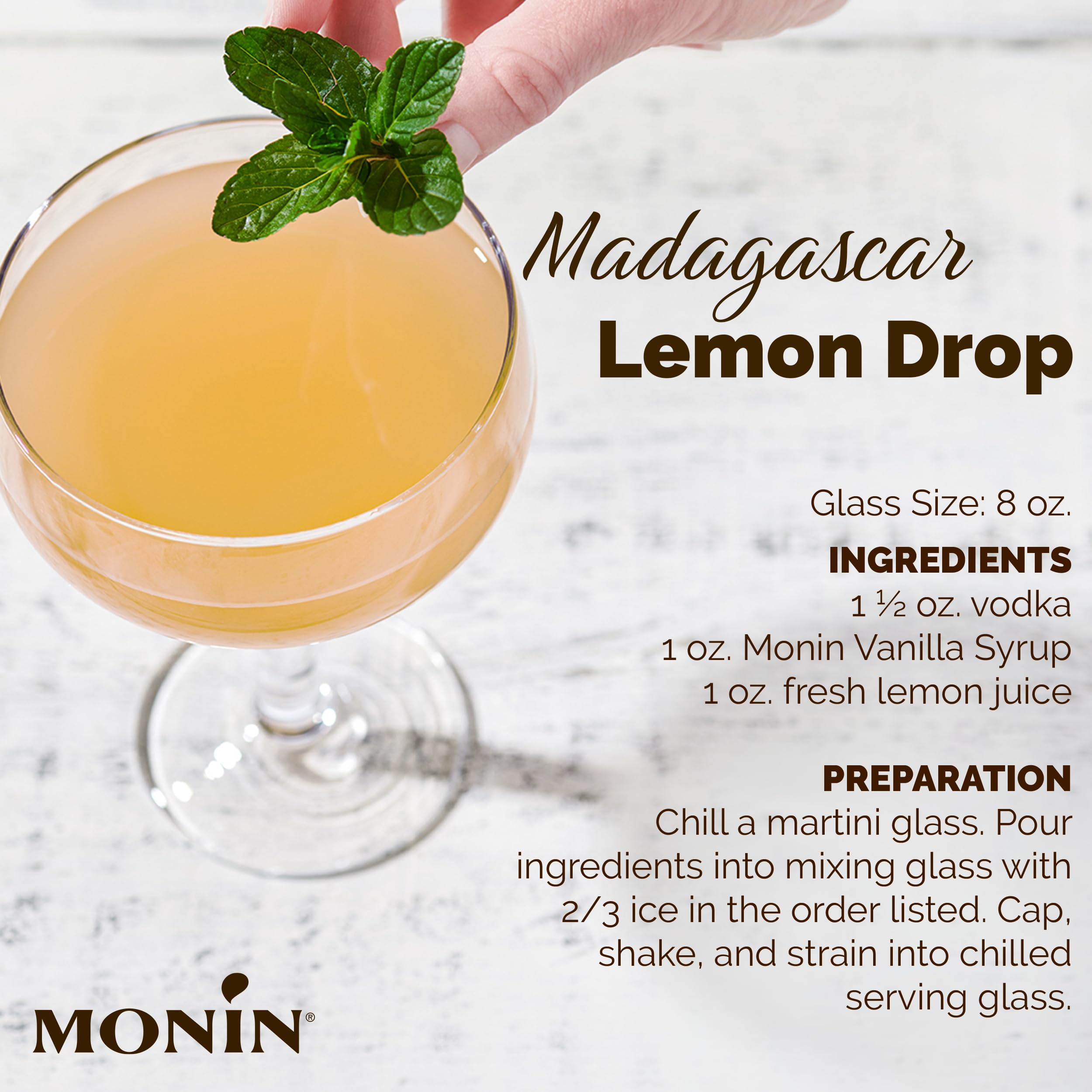 Monin Vanilla Syrup label detail highlights clean label ingredients and certifications.