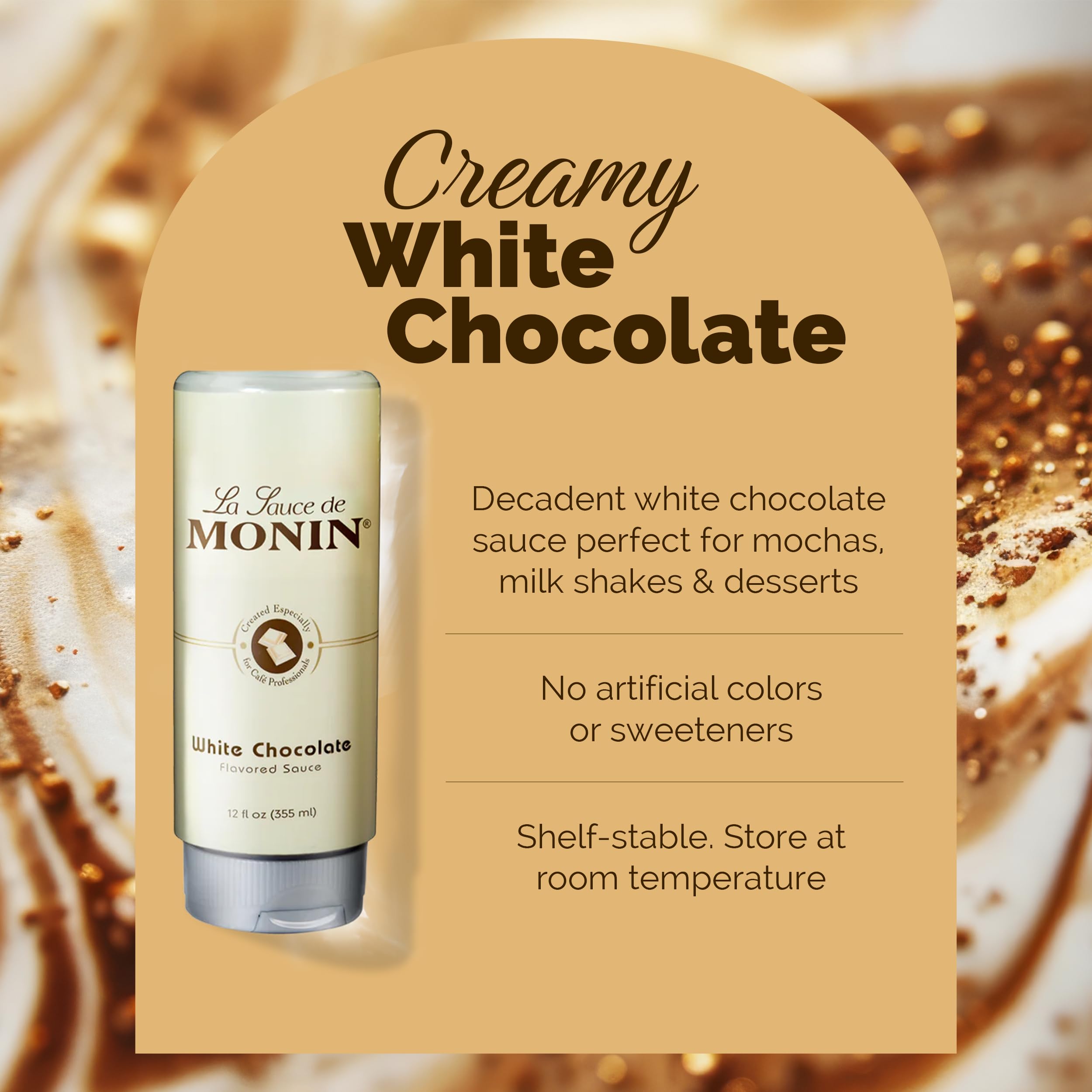 Monin White Chocolate Sauce pairs with fruit and nuts for gourmet desserts