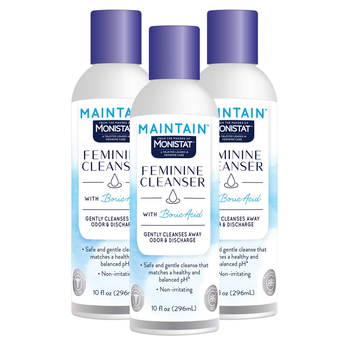 Monistat Boric Acid Feminine Wash bottle front, fragrance-free daily cleanse