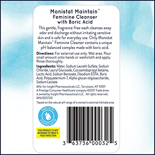 Monistat Boric Acid bottle side view highlighting pH balanced formula