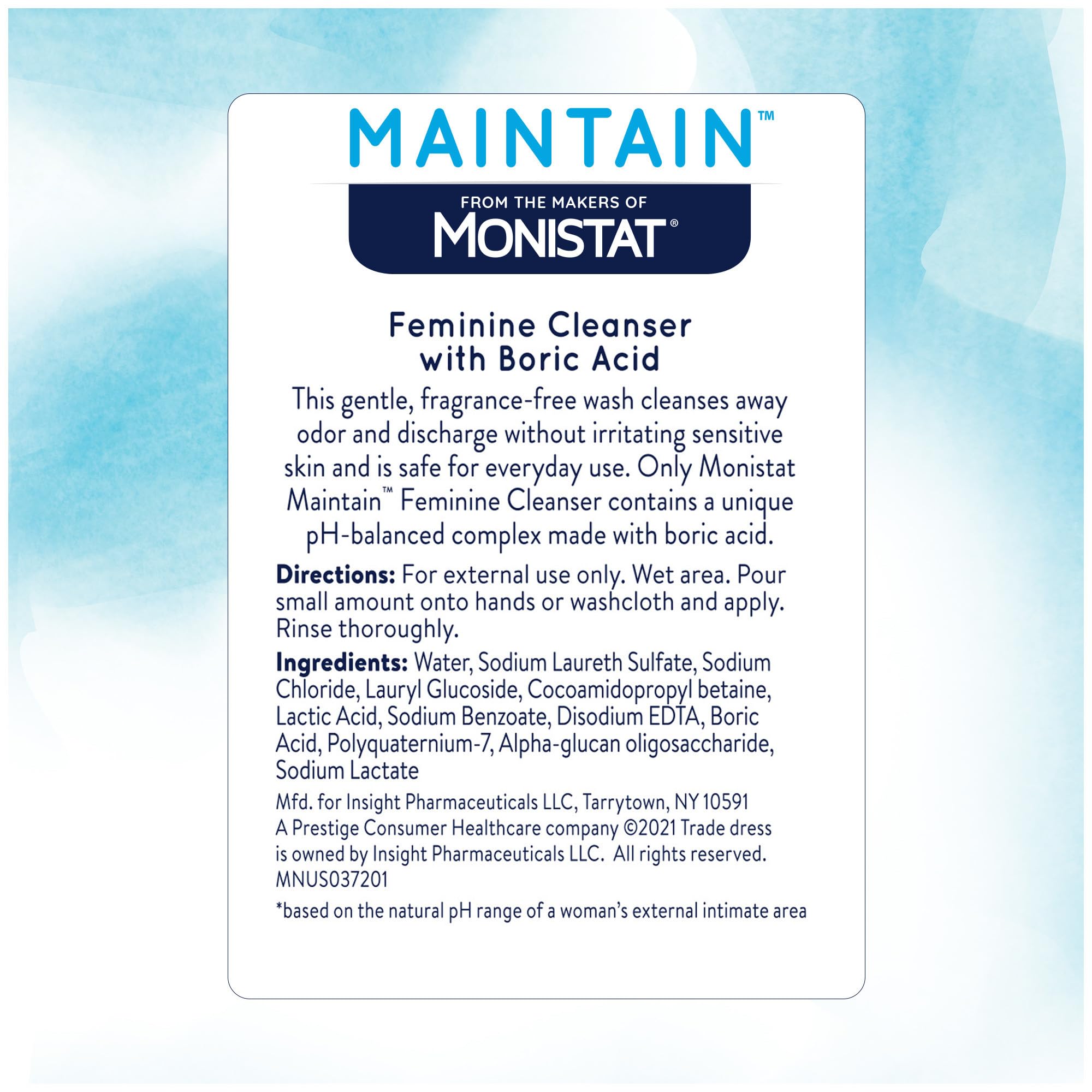 Monistat Boric Acid Wash gynecologist-tested packaging close-up.