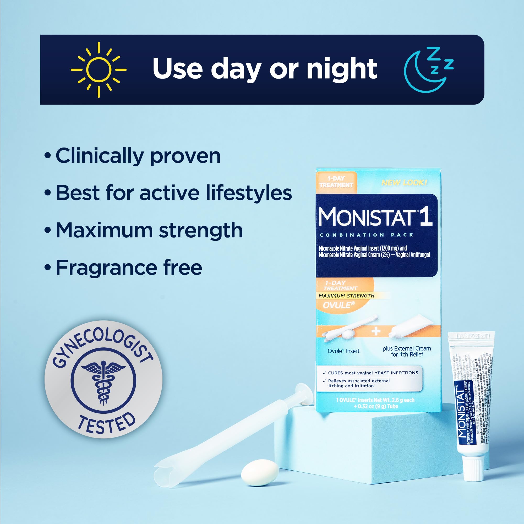 Monistat combo pack box displaying all components.