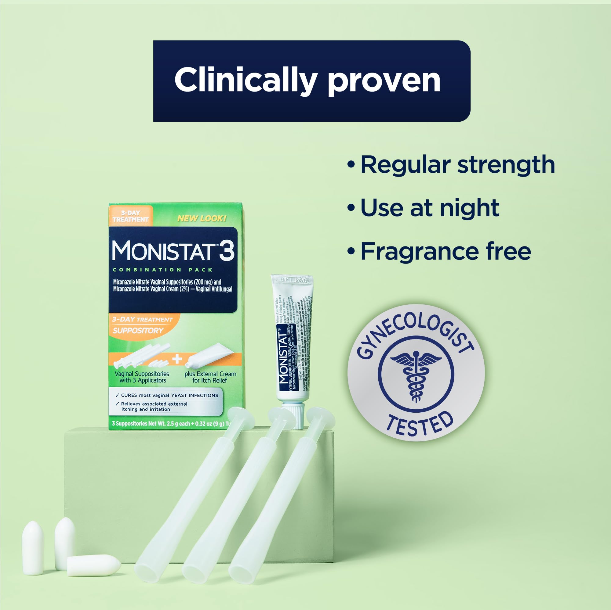 Monistat treatment pack displayed on a shelf next to the cream for convenience.