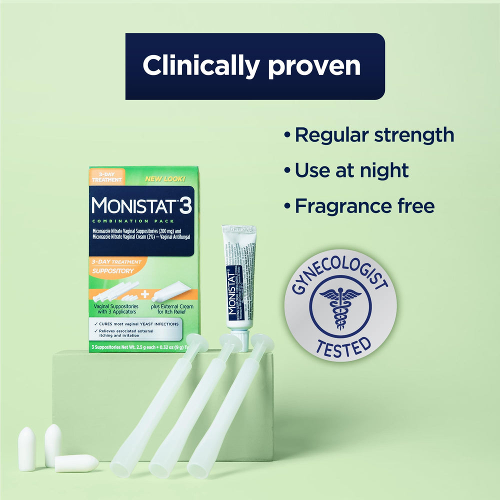 Monistat treatment pack displayed on a shelf next to the cream for convenience.