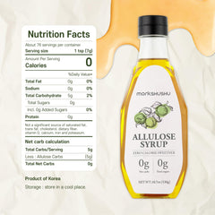 MONKSHUSHU Allulose Syrup label closeup shows monk fruit and stevia blend