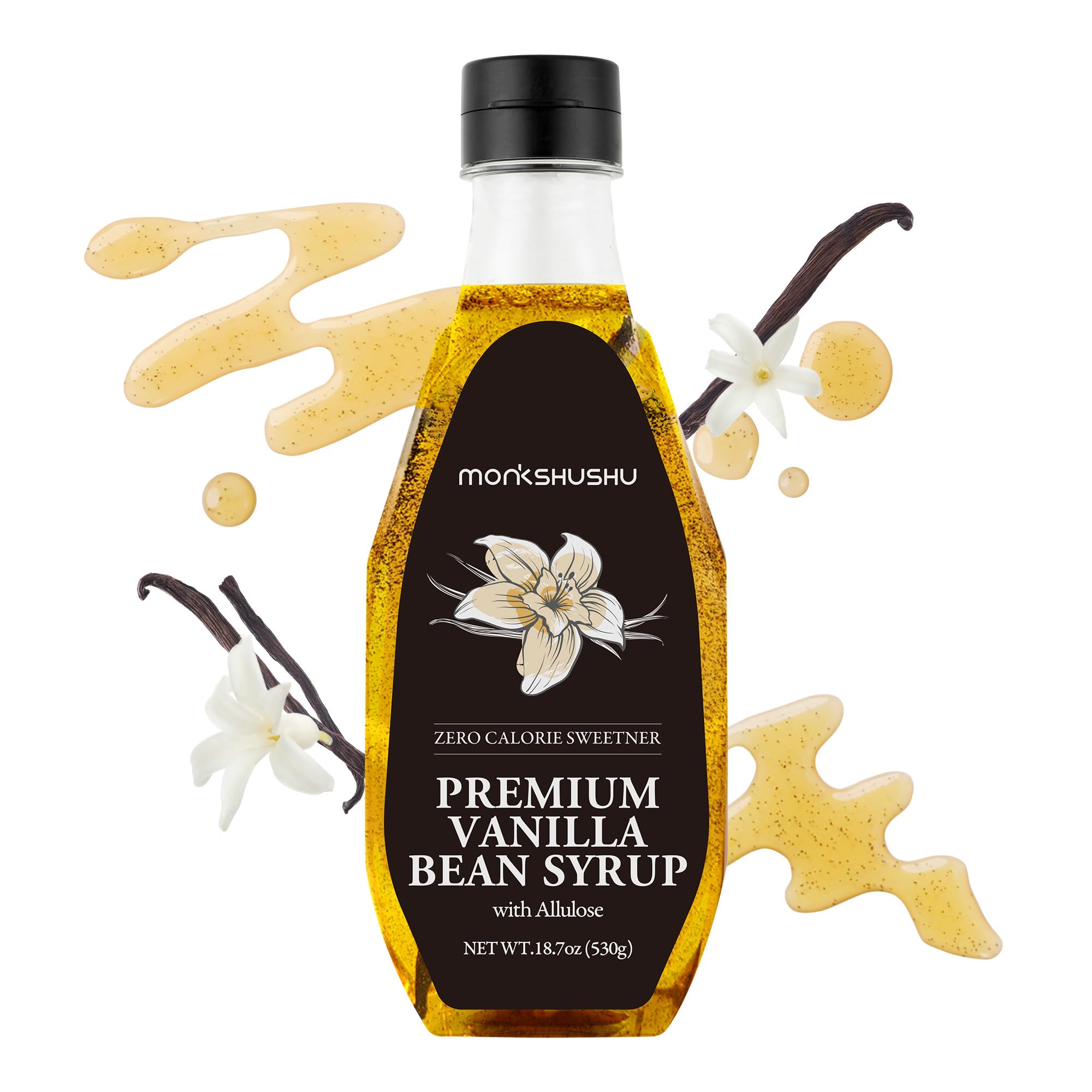 MONKSHUSHU Premium Vanilla Syrup bottle shows Madagascar vanilla for rich coffee flavor