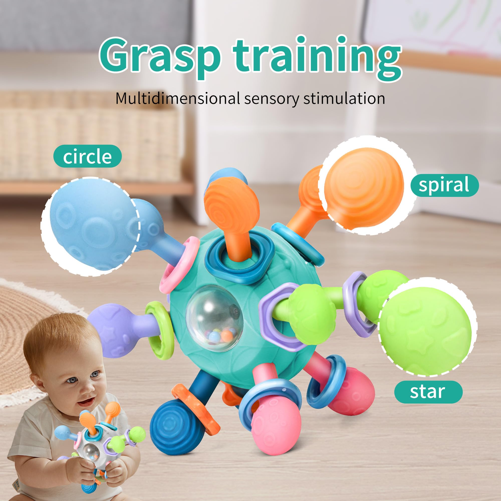 MonoTele teething ball with a click and shake sound for engagement