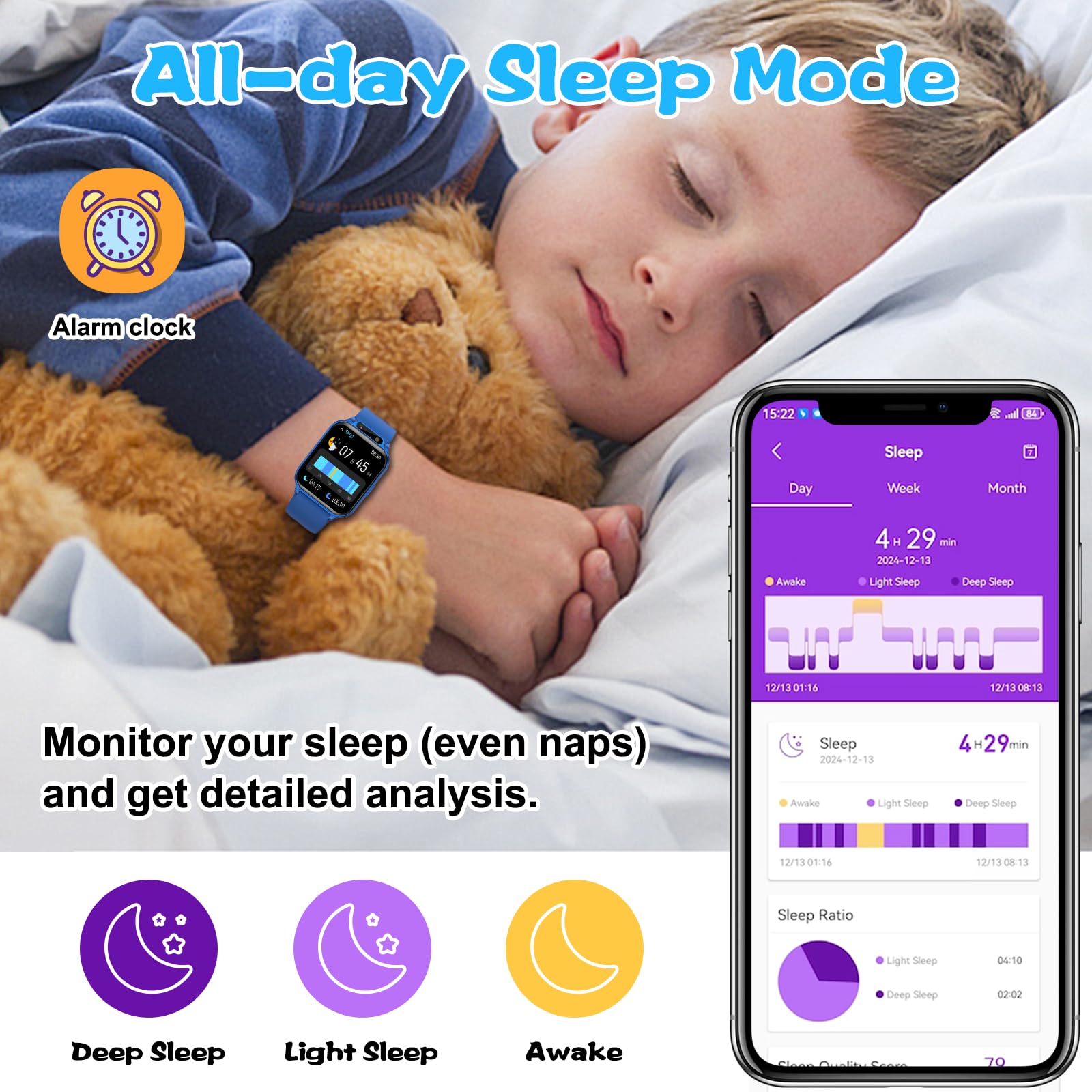 Monowul Kids Smart Watch sleep monitor showing rest stages