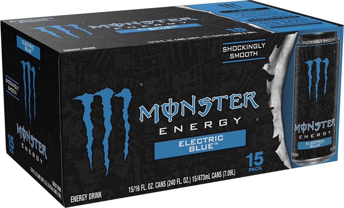 Monster Electric Blue can side label showing flavor notes and branding