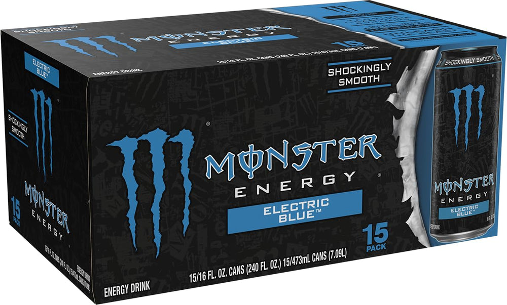 Monster Electric Blue can side label showing flavor notes and branding