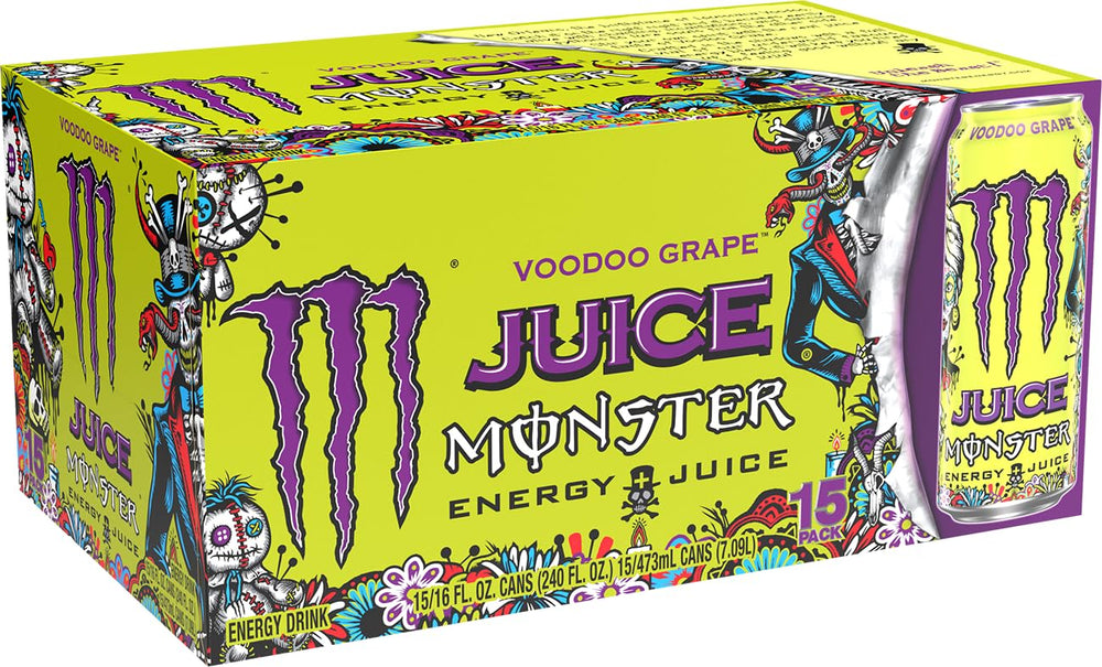 Monster Energy Juice Voodoo Grape pack of 15 cans arranged for quick access
