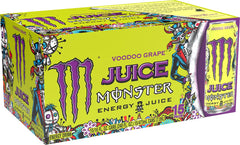 Monster Energy Juice Voodoo Grape pack of 15 cans arranged for quick access